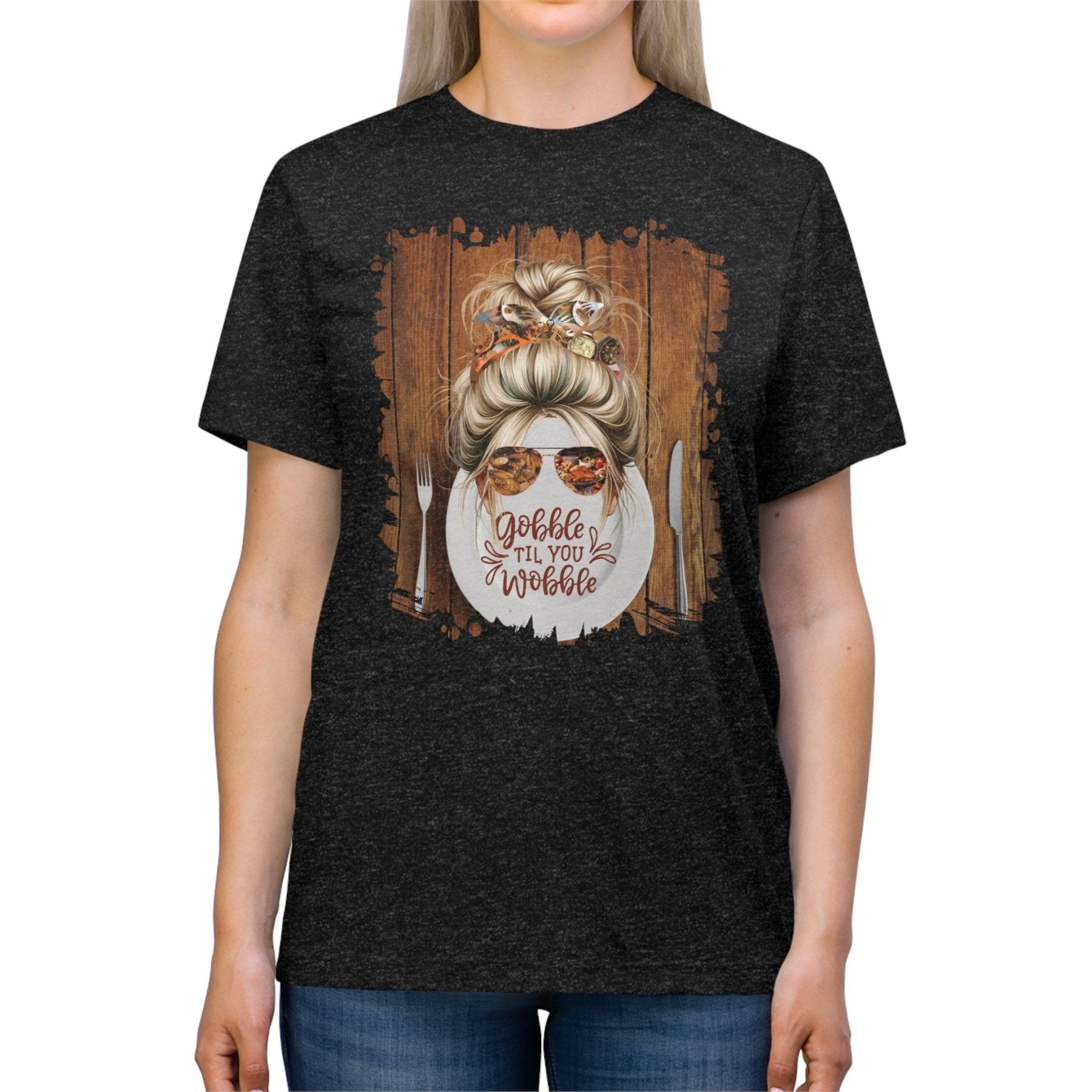 Gobble til You Wobble Plate Setting, Blond Hair Messy Bun, Unisex Triblend T - Shirt - Janlyn's Crafts