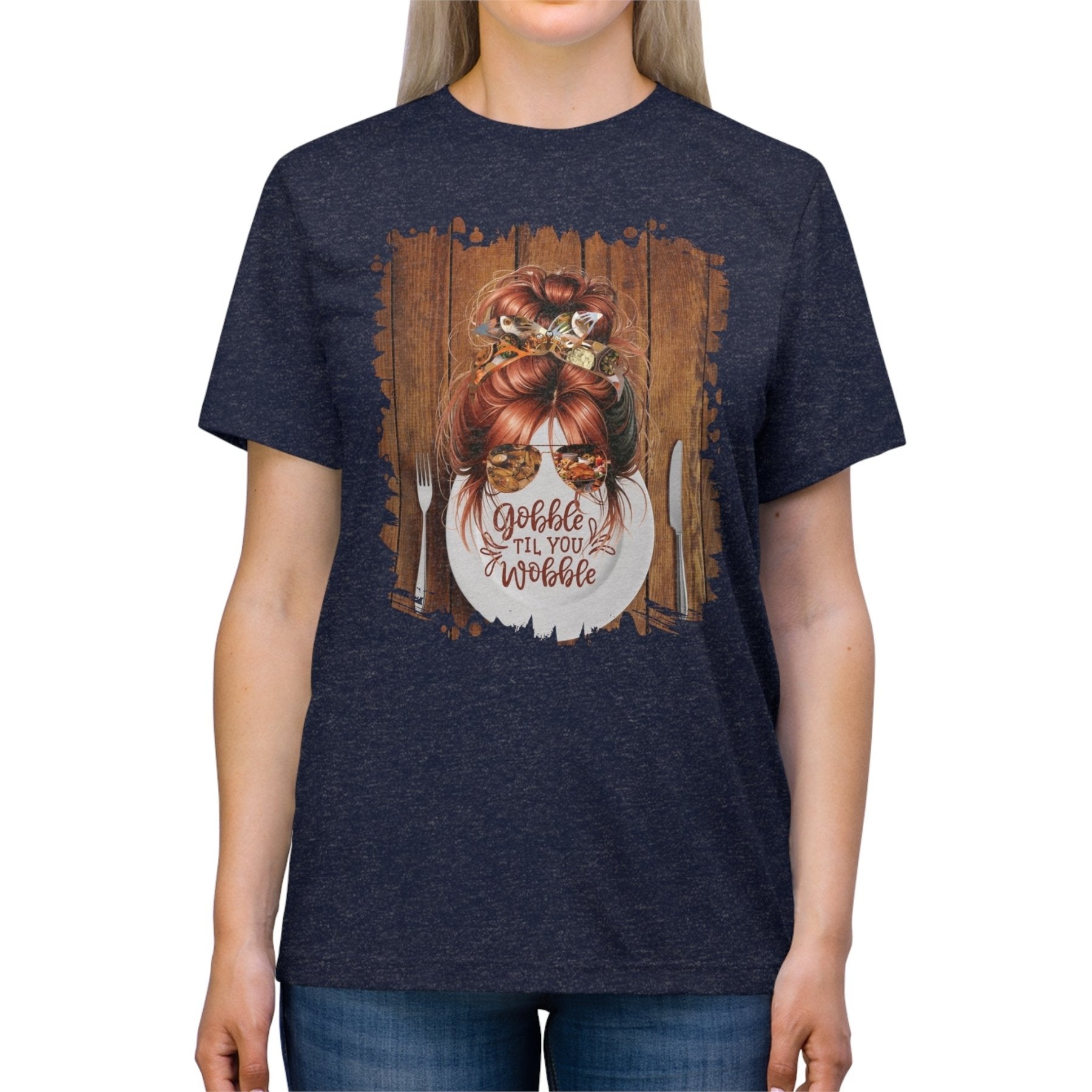 Gobble til You Wobble Plate Setting, Red Hair Messy Bun, Unisex Triblend T - Shirt - Janlyn's Crafts