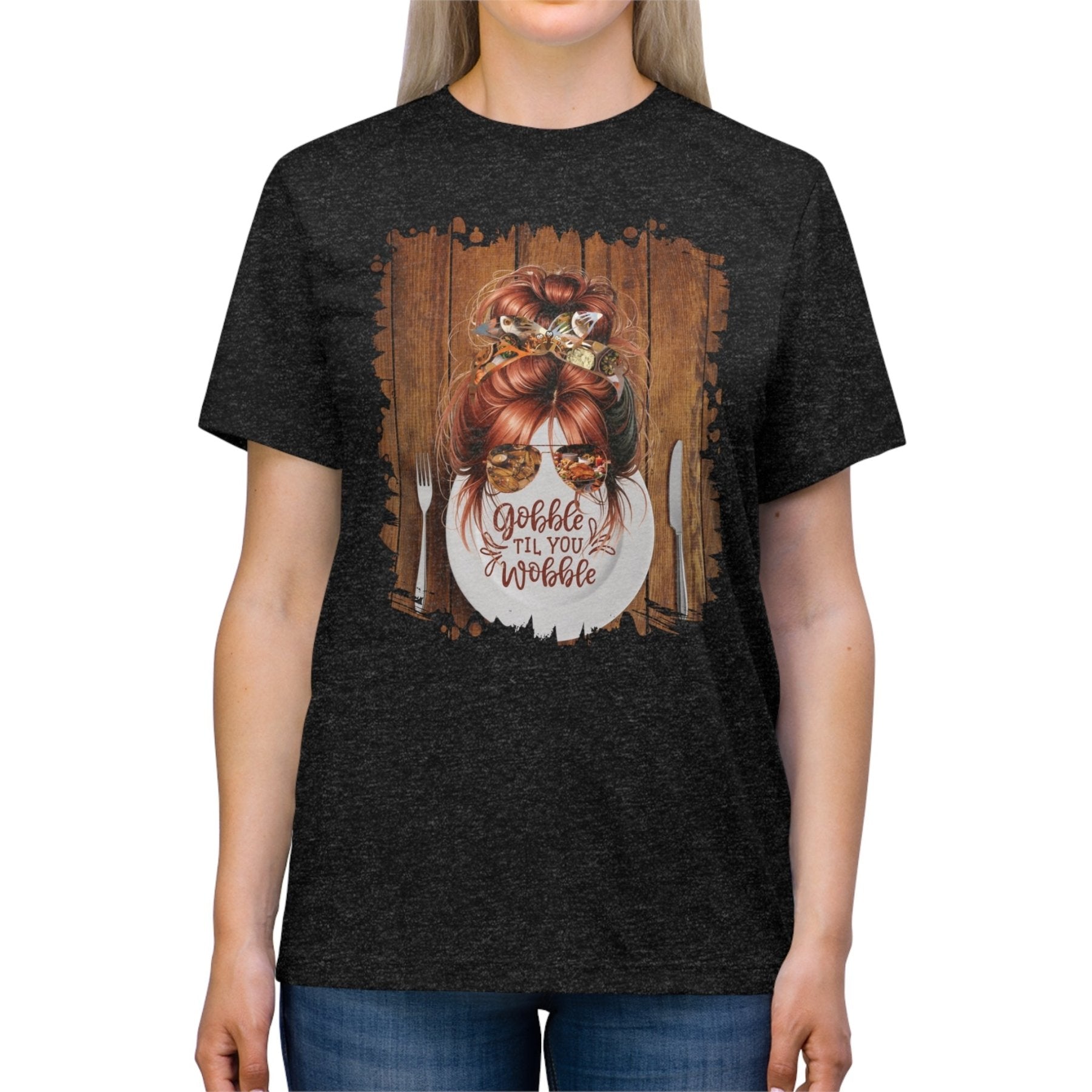 Gobble til You Wobble Plate Setting, Red Hair Messy Bun, Unisex Triblend T - Shirt - Janlyn's Crafts