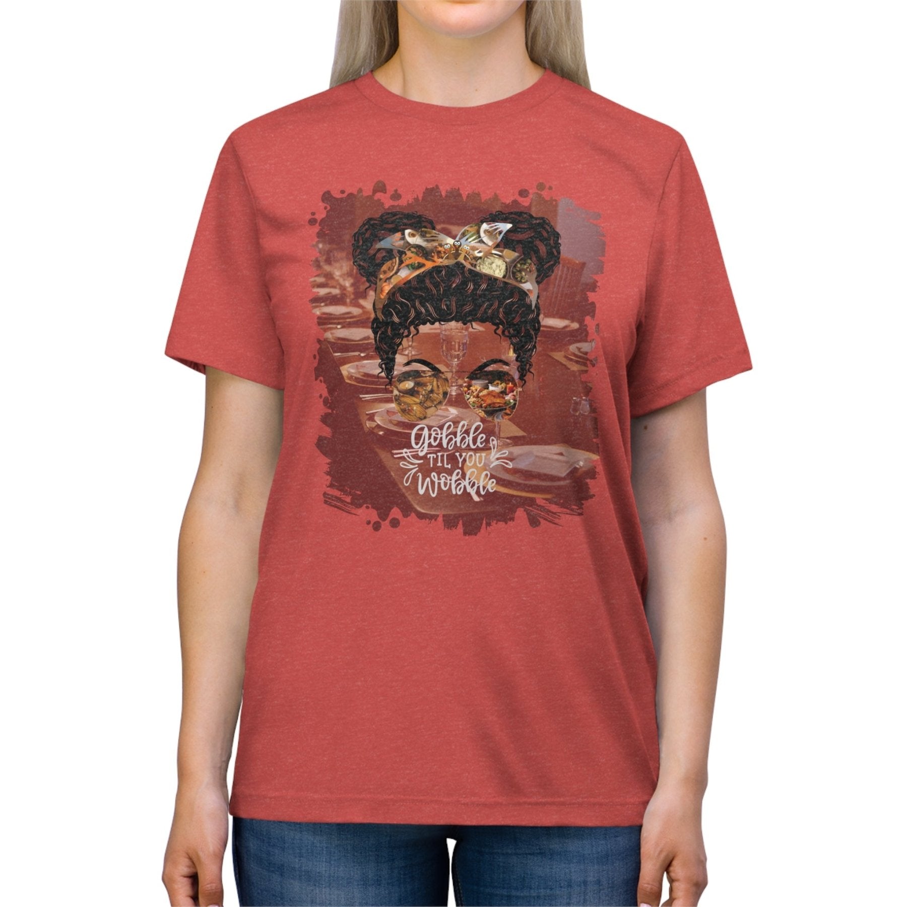 Gobble til You Wobble Table Setting, Black Hair Messy Bun, Unisex Triblend T - Shirt - Janlyn's Crafts