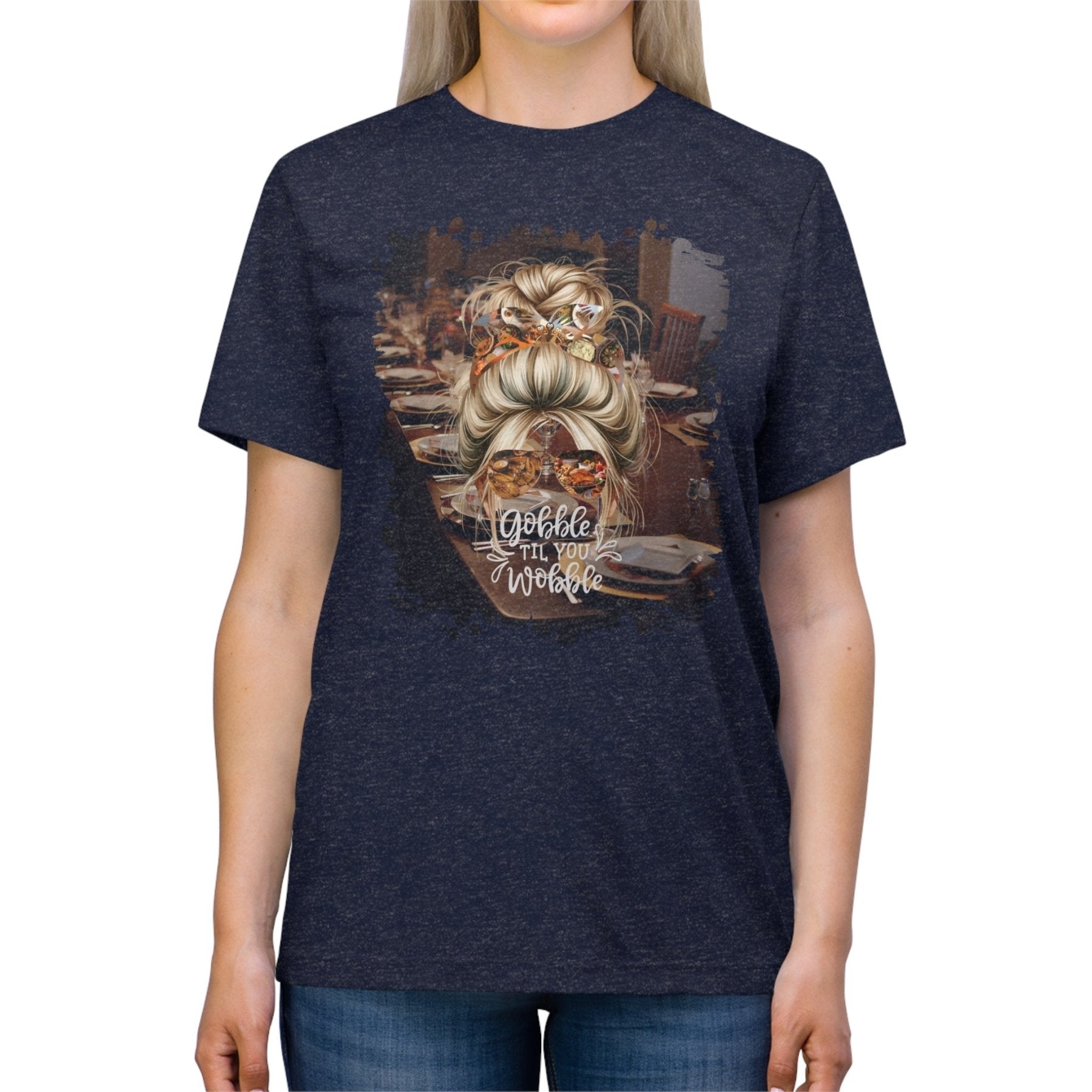 Gobble til You Wobble Table Setting, Blond Hair Messy Bun, Unisex Triblend T - Shirt - Janlyn's Crafts