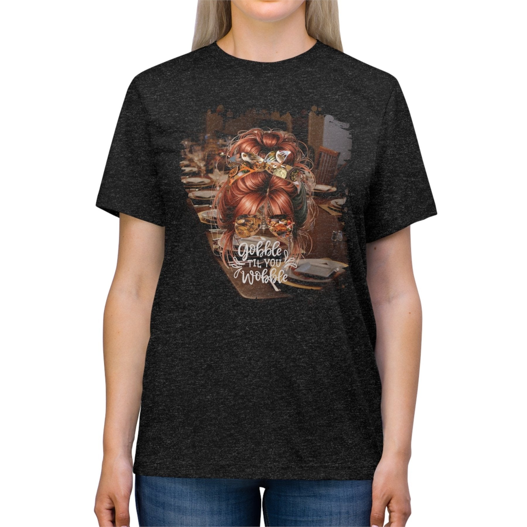 Gobble til You Wobble Table Setting, Red Hair Messy Bun, Unisex Triblend T - Shirt - Janlyn's Crafts