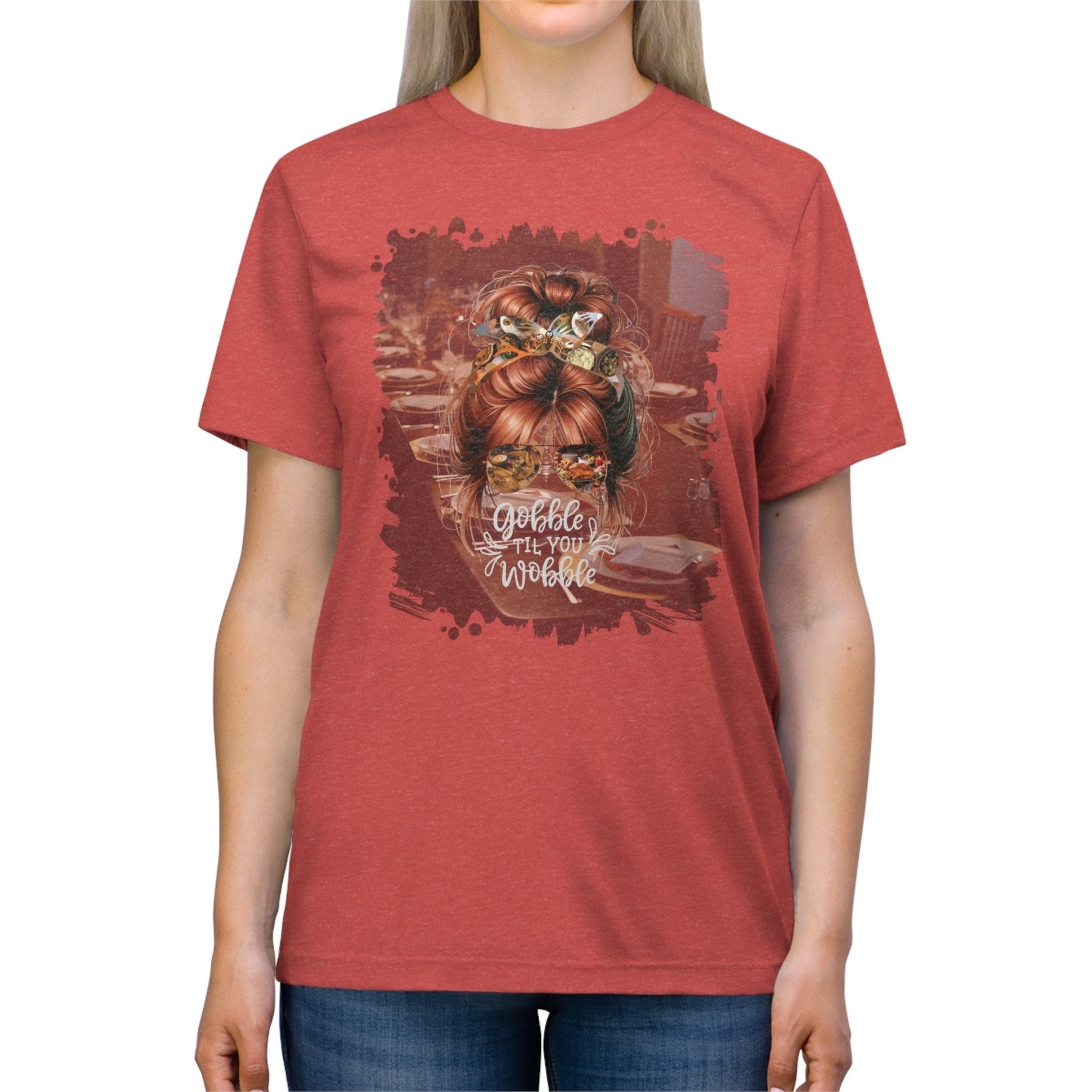 Gobble til You Wobble Table Setting, Red Hair Messy Bun, Unisex Triblend T - Shirt - Janlyn's Crafts