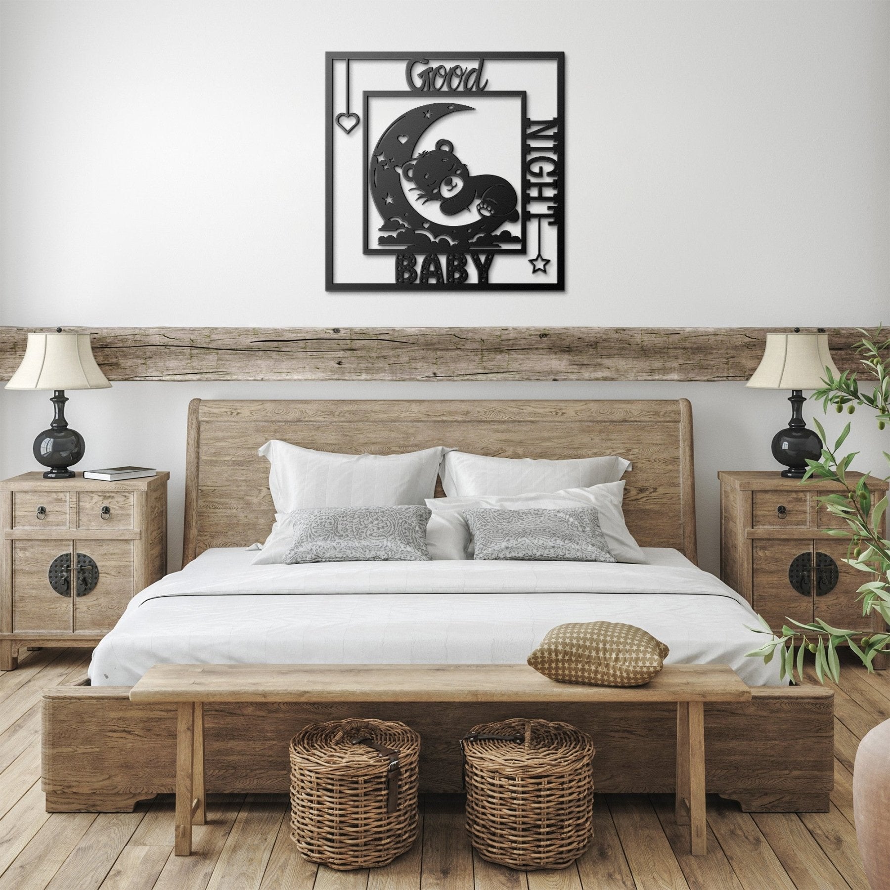 Good Night Baby, Sleeping Bear on Moon, Square Metal Sign - Janlyn's Crafts