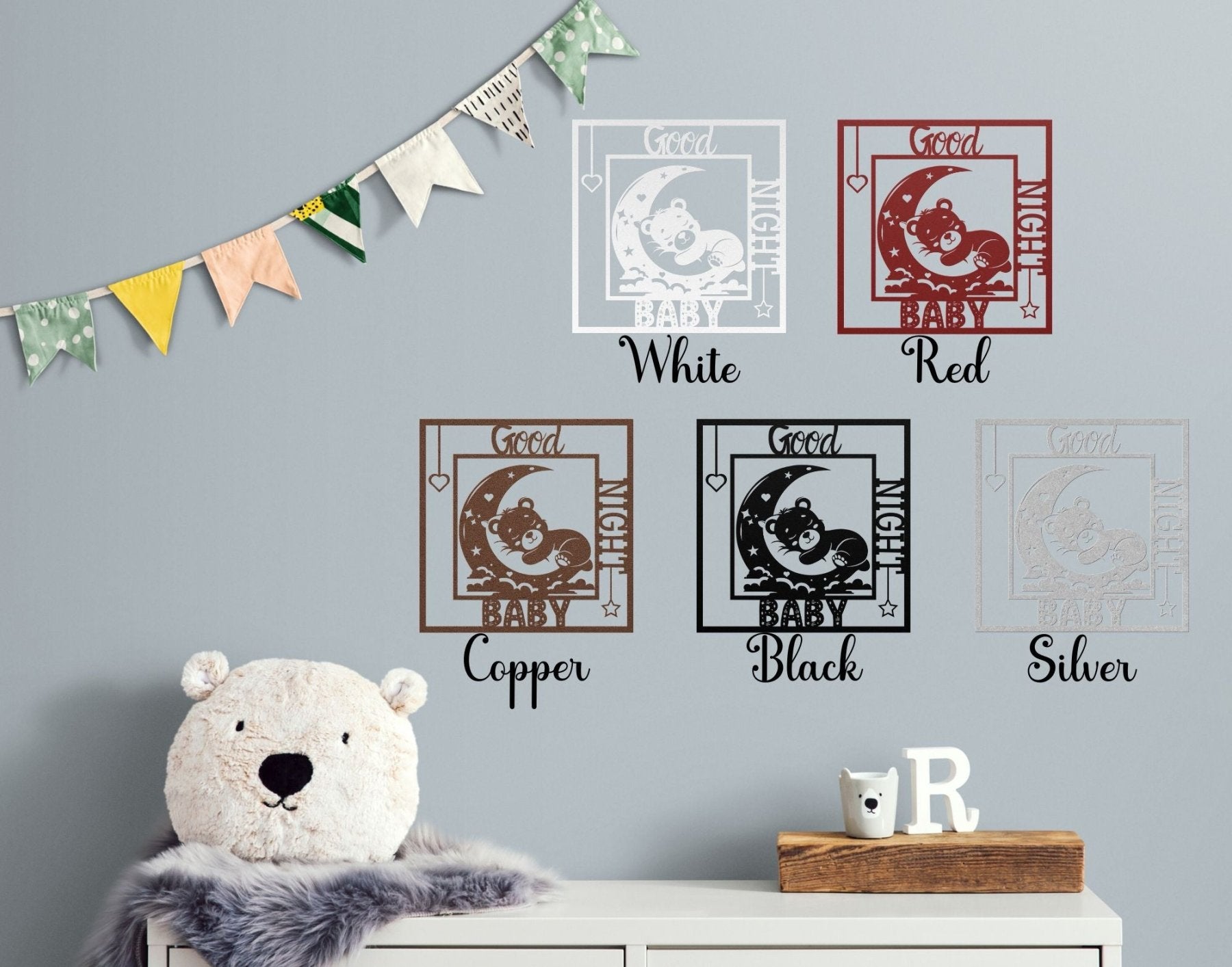 Good Night Baby, Sleeping Bear on Moon, Square Metal Sign - Janlyn's Crafts