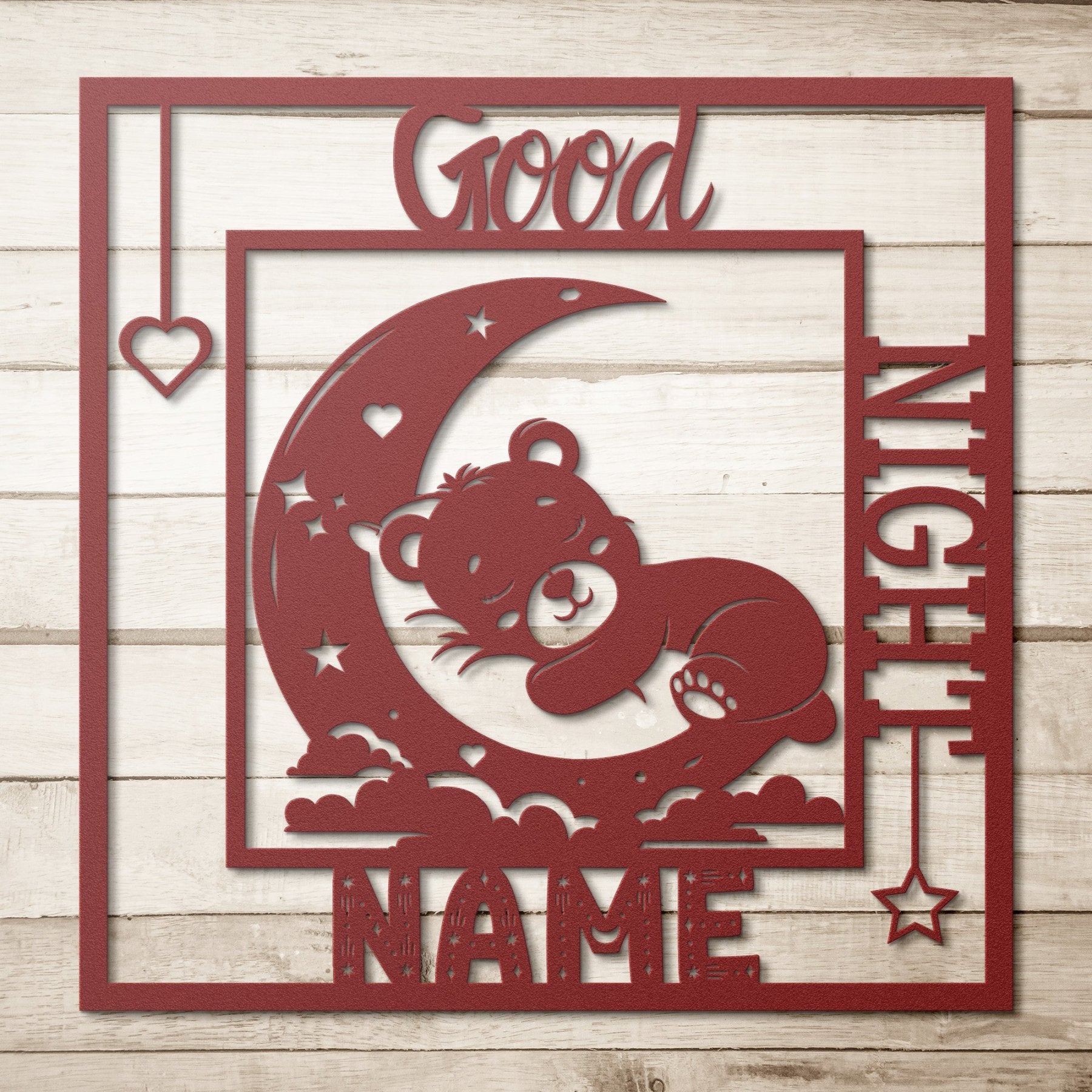 Good Night CHILD NAME, Sleeping Bear on Moon, Square Metal Sign - Janlyn's Crafts