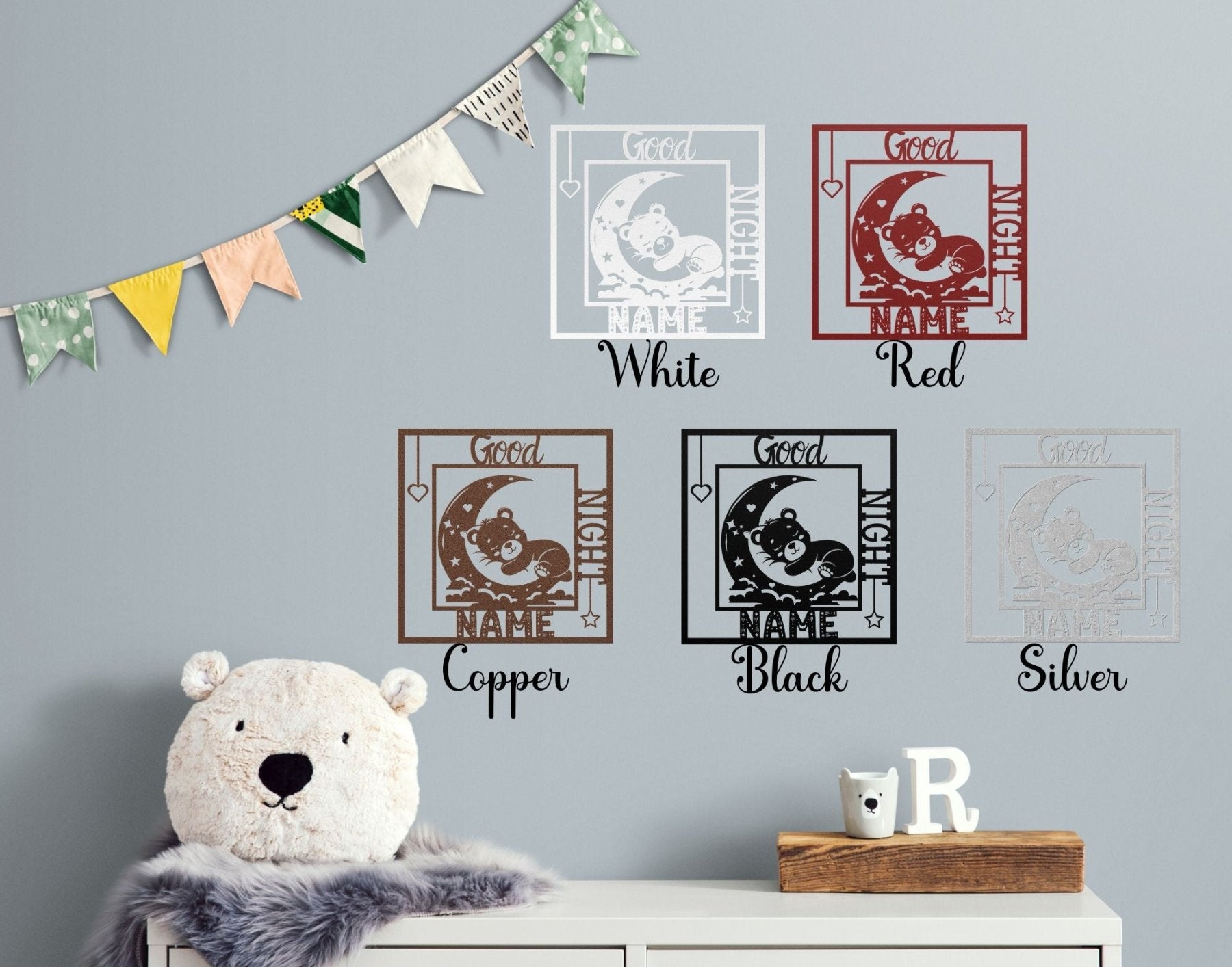 Good Night CHILD NAME, Sleeping Bear on Moon, Square Metal Sign - Janlyn's Crafts