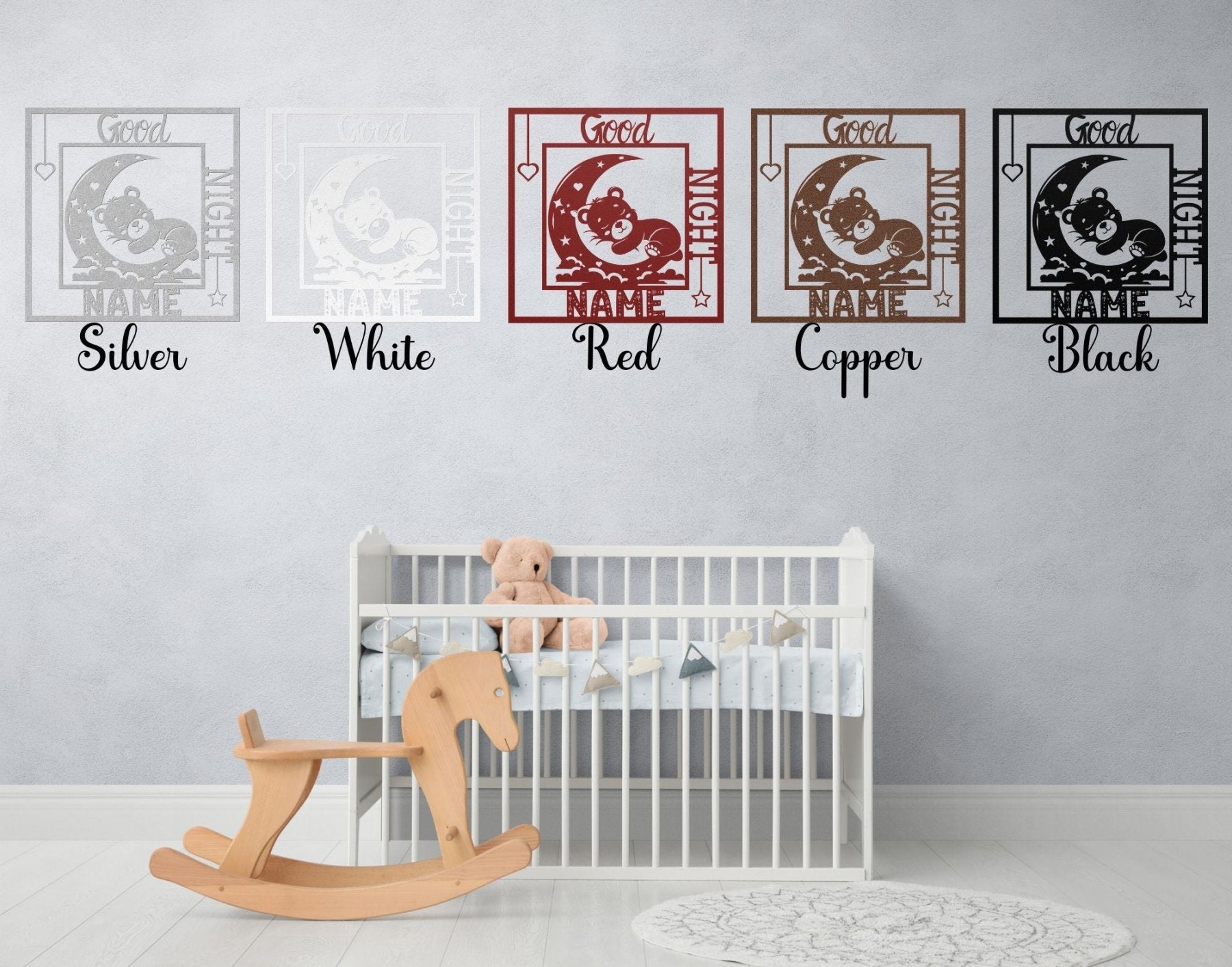 Good Night CHILD NAME, Sleeping Bear on Moon, Square Metal Sign - Janlyn's Crafts