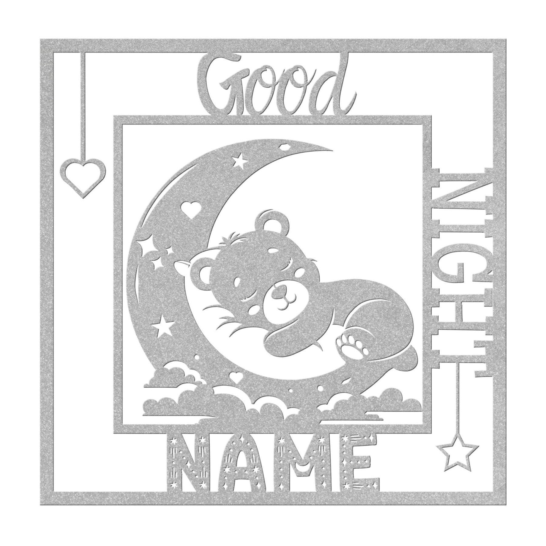 Good Night CHILD NAME, Sleeping Bear on Moon, Square Metal Sign - Janlyn's Crafts