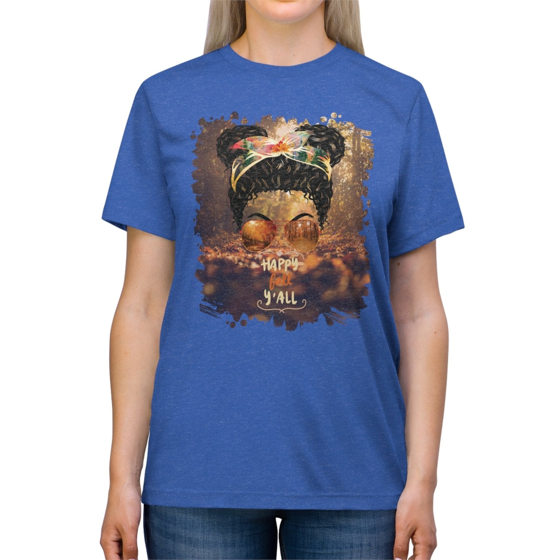 Happy Fall Y'all Fall Forest, Black Hair Messy Bun, Unisex Triblend T - Shirt - Janlyn's Crafts