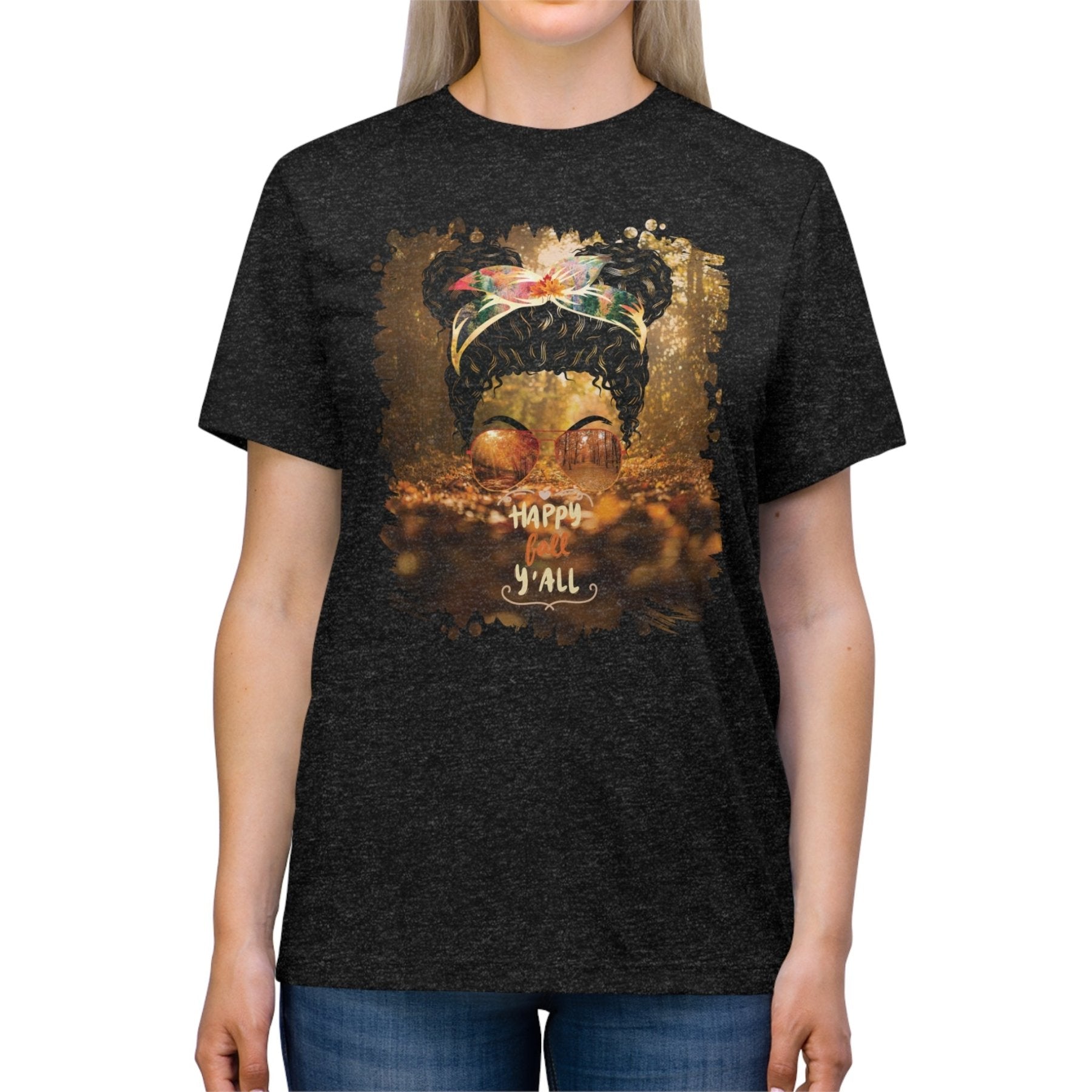 Happy Fall Y'all Fall Forest, Black Hair Messy Bun, Unisex Triblend T - Shirt - Janlyn's Crafts