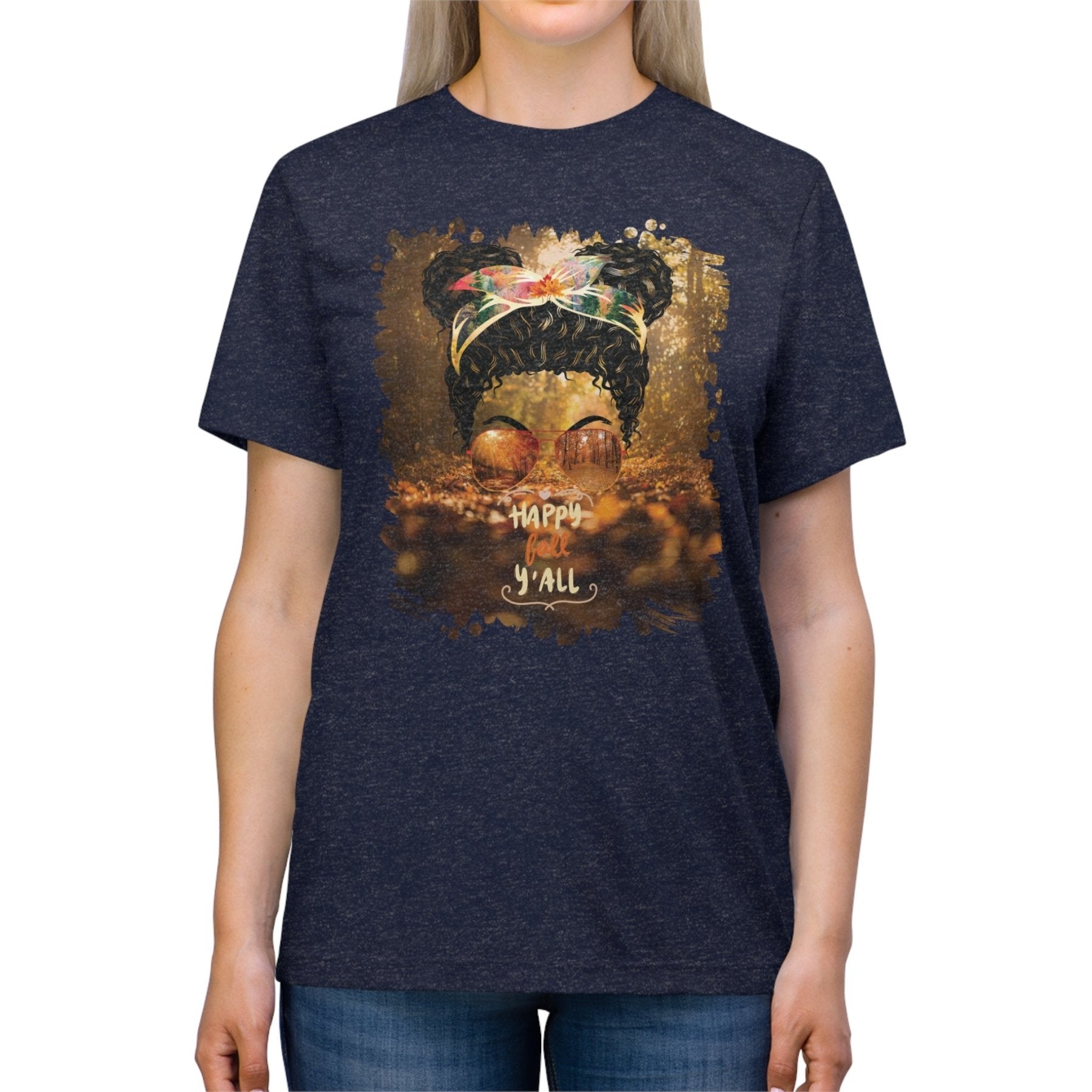 Happy Fall Y'all Fall Forest, Black Hair Messy Bun, Unisex Triblend T - Shirt - Janlyn's Crafts