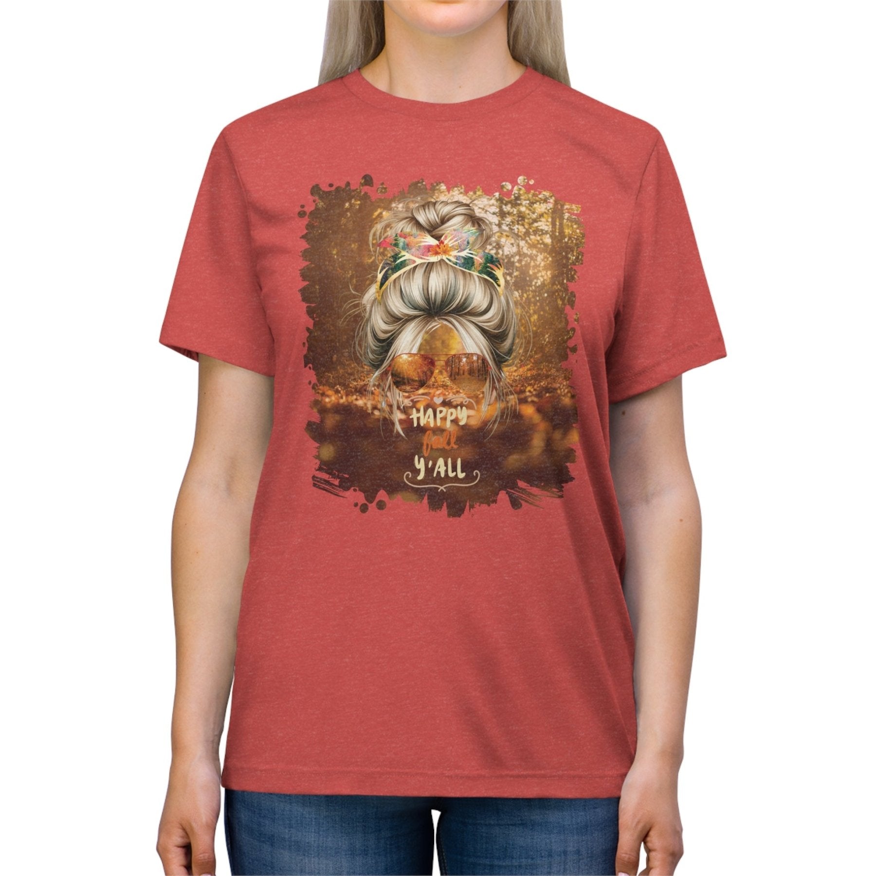 Happy Fall Y'all Fall Forest, Blond Hair Messy Bun, Unisex Triblend T - Shirt - Janlyn's Crafts