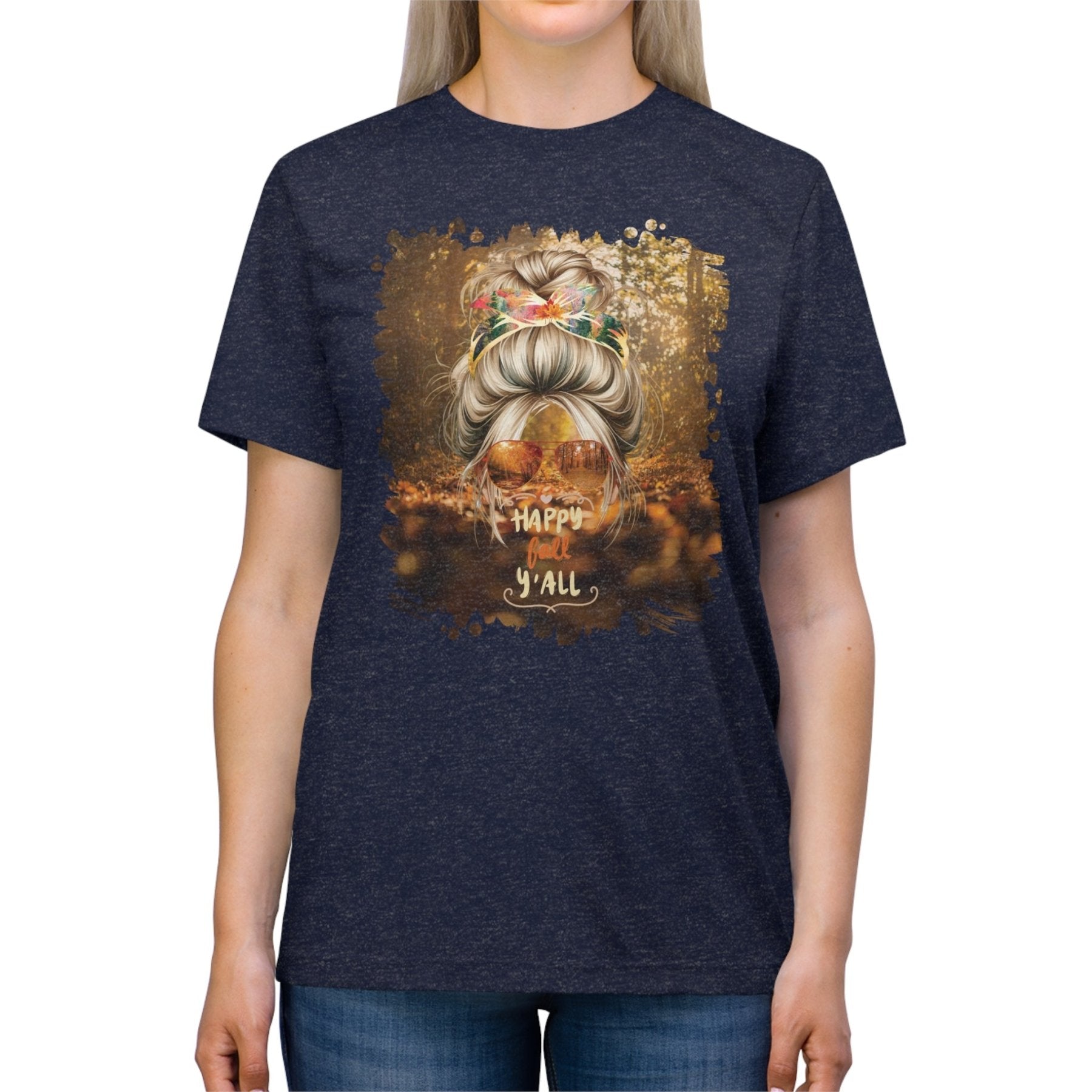 Happy Fall Y'all Fall Forest, Blond Hair Messy Bun, Unisex Triblend T - Shirt - Janlyn's Crafts