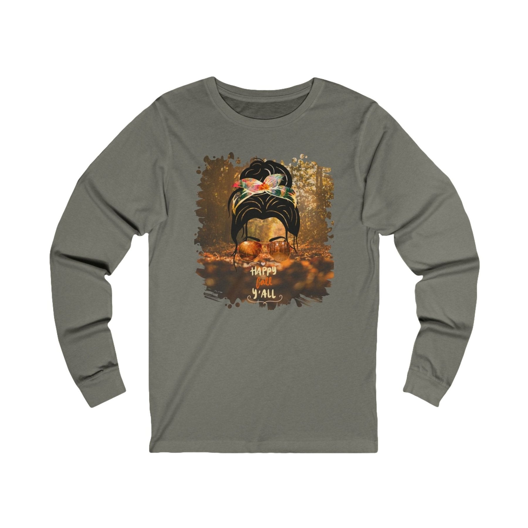 Happy Fall Y'all Fall Forest, Dark Hair Messy Bun, Unisex Jersey Long Sleeve Tee - Janlyn's Crafts