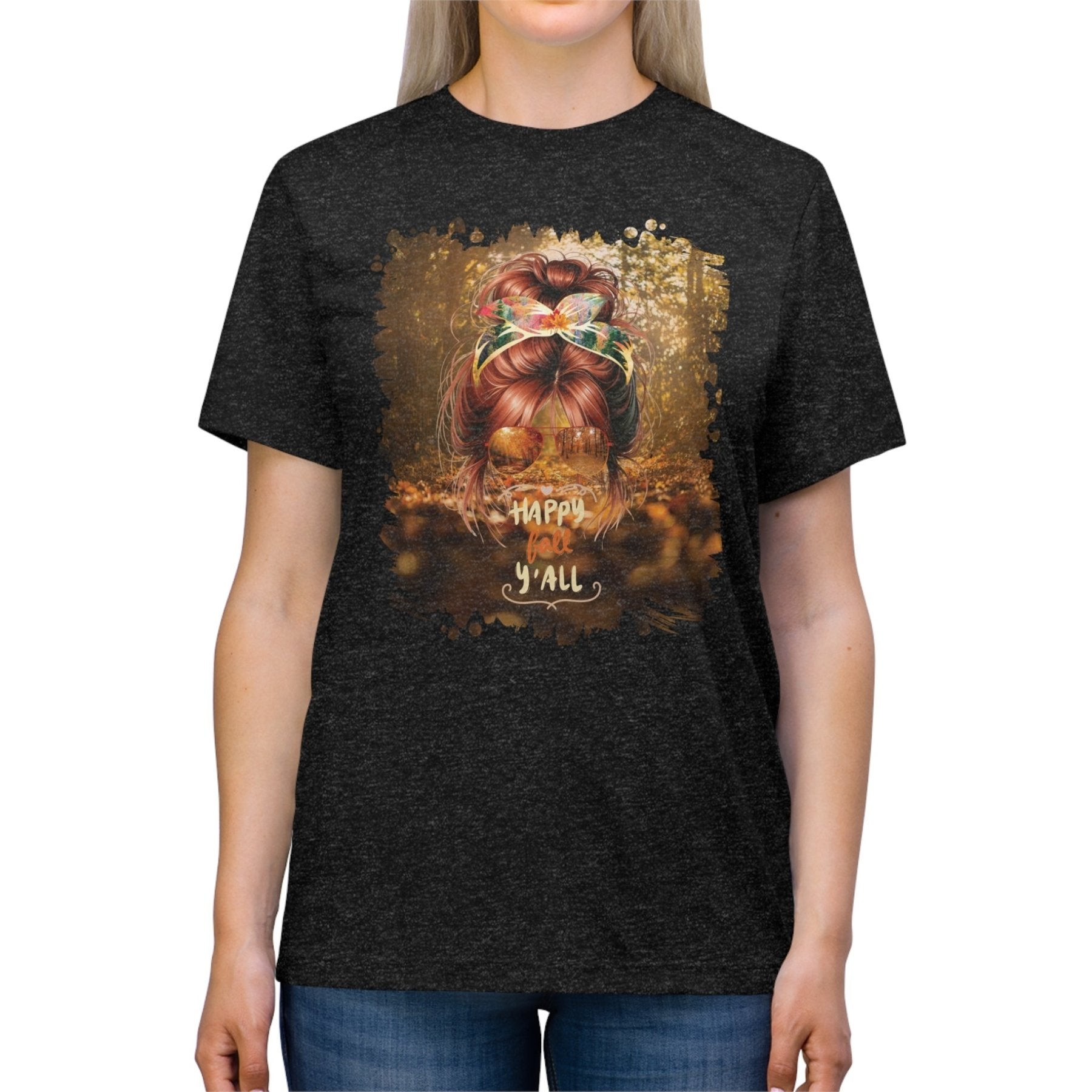 Happy Fall Y'all Fall Forest, Red Hair Messy Bun, Unisex Triblend T - Shirt - Janlyn's Crafts