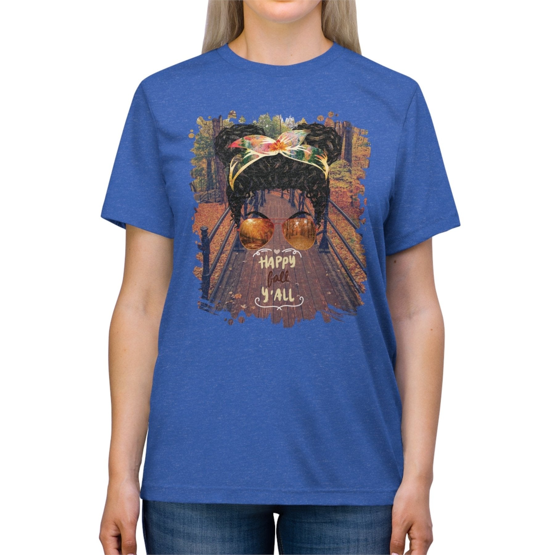 Happy Fall Y'all Fall Hike, Black Hair Messy Bun, Unisex Triblend T - Shirt - Janlyn's Crafts