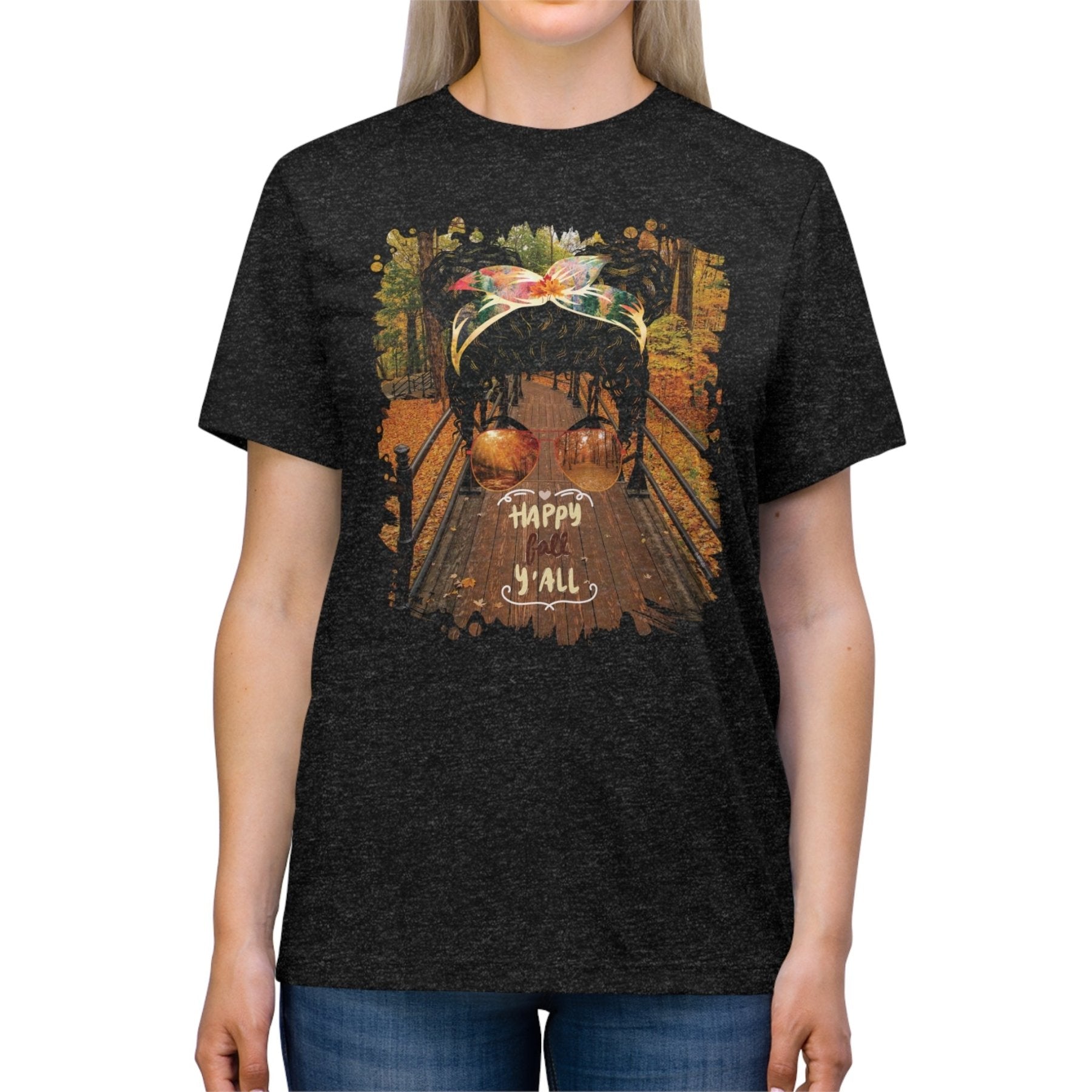 Happy Fall Y'all Fall Hike, Black Hair Messy Bun, Unisex Triblend T - Shirt - Janlyn's Crafts