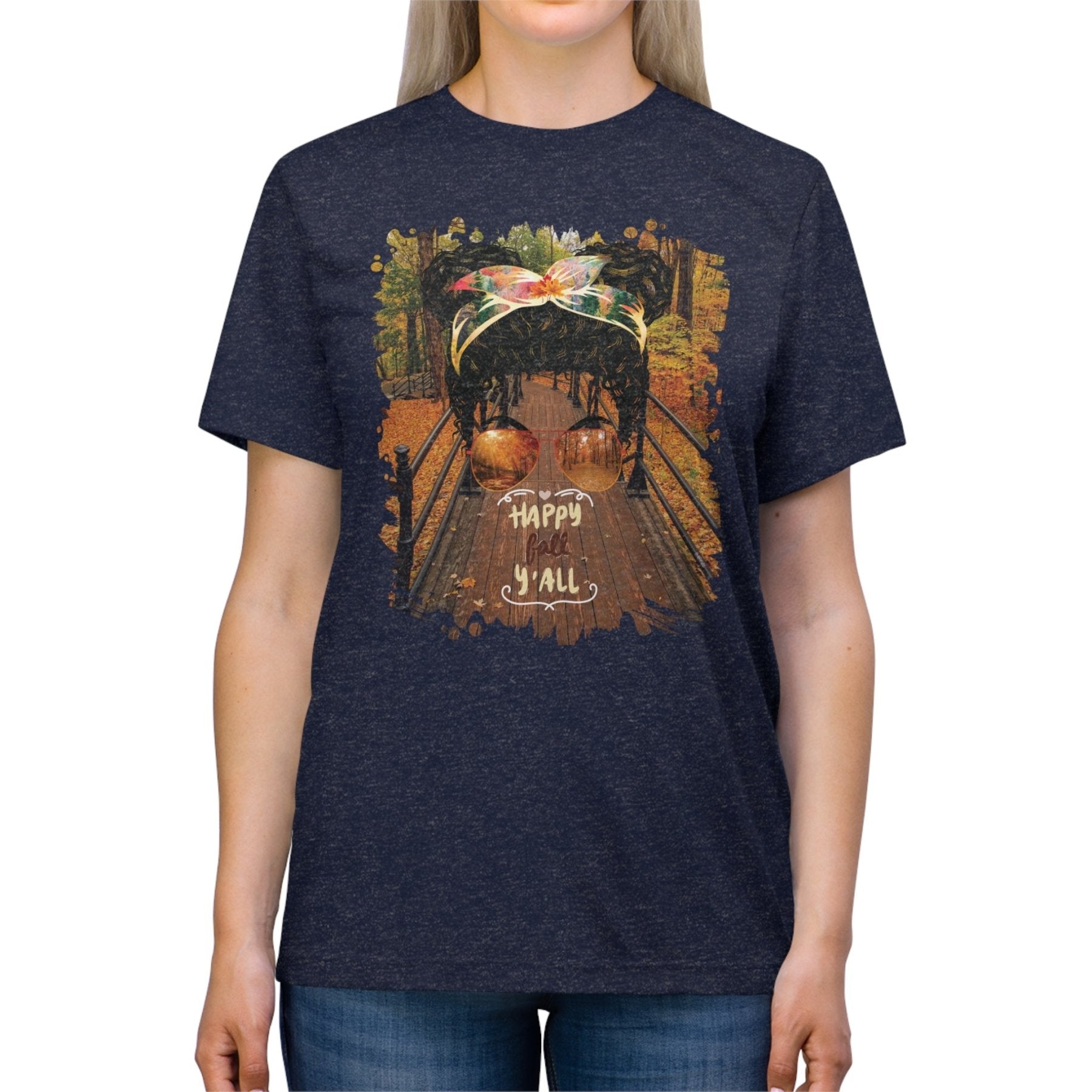 Happy Fall Y'all Fall Hike, Black Hair Messy Bun, Unisex Triblend T - Shirt - Janlyn's Crafts