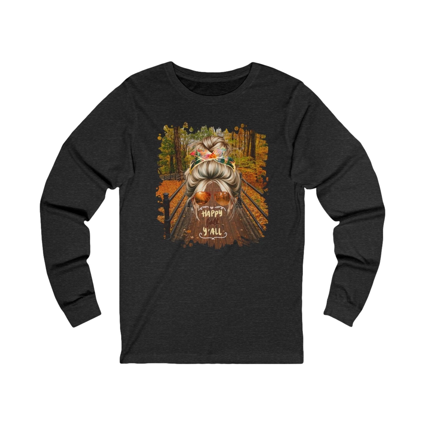 Happy Fall Y'all Fall Hike, Blond Hair Messy Bun, Unisex Jersey Long Sleeve Tee - Janlyn's Crafts