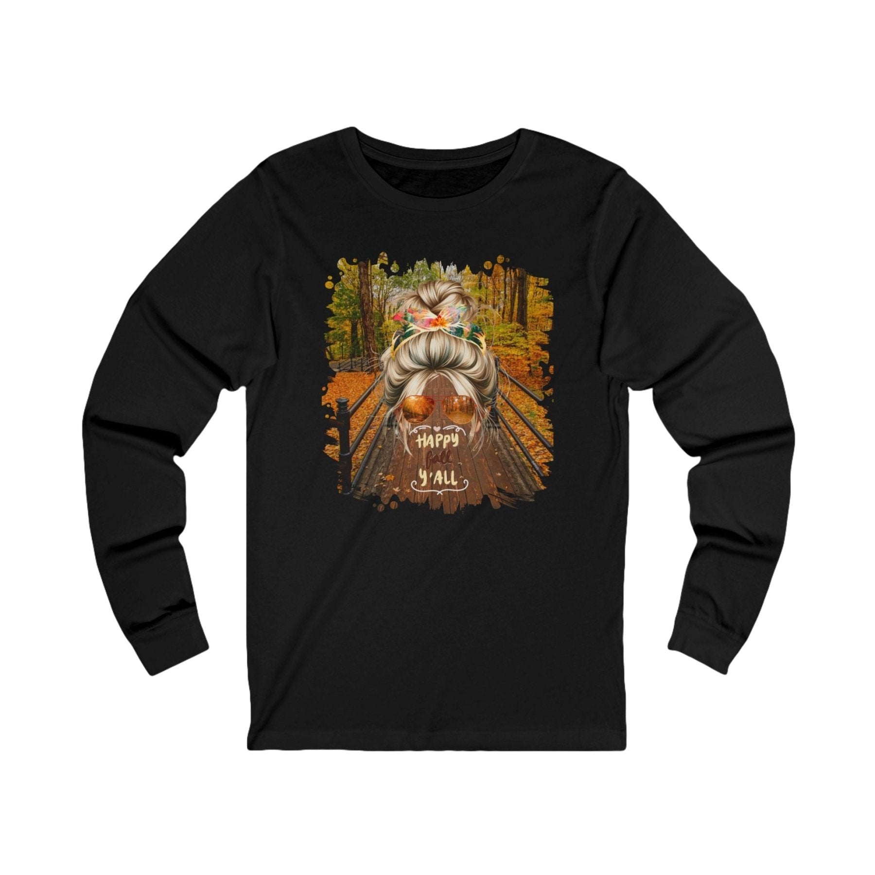 Happy Fall Y'all Fall Hike, Blond Hair Messy Bun, Unisex Jersey Long Sleeve Tee - Janlyn's Crafts