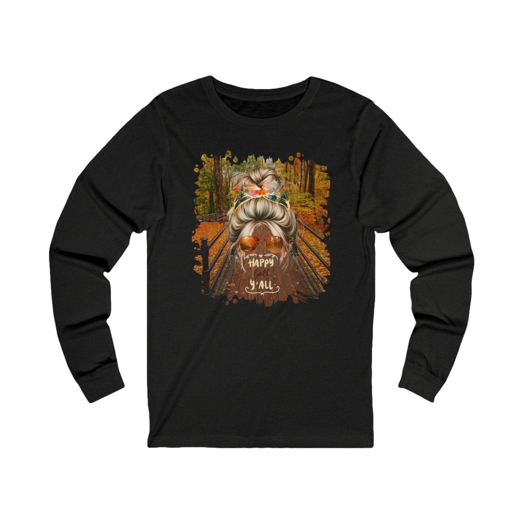 Happy Fall Y'all Fall Hike, Blond Hair Messy Bun, Unisex Jersey Long Sleeve Tee - Janlyn's Crafts