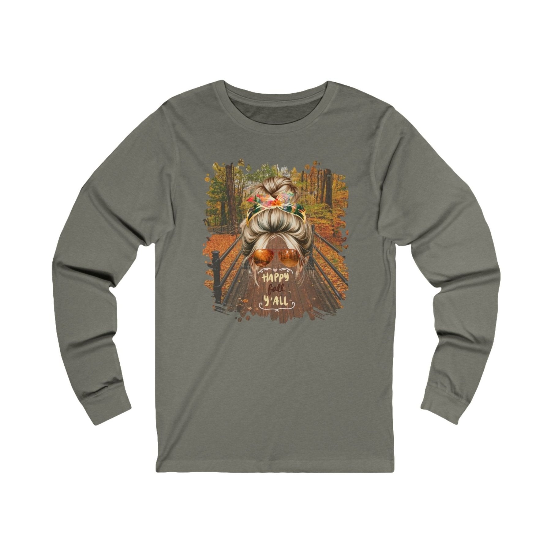 Happy Fall Y'all Fall Hike, Blond Hair Messy Bun, Unisex Jersey Long Sleeve Tee - Janlyn's Crafts