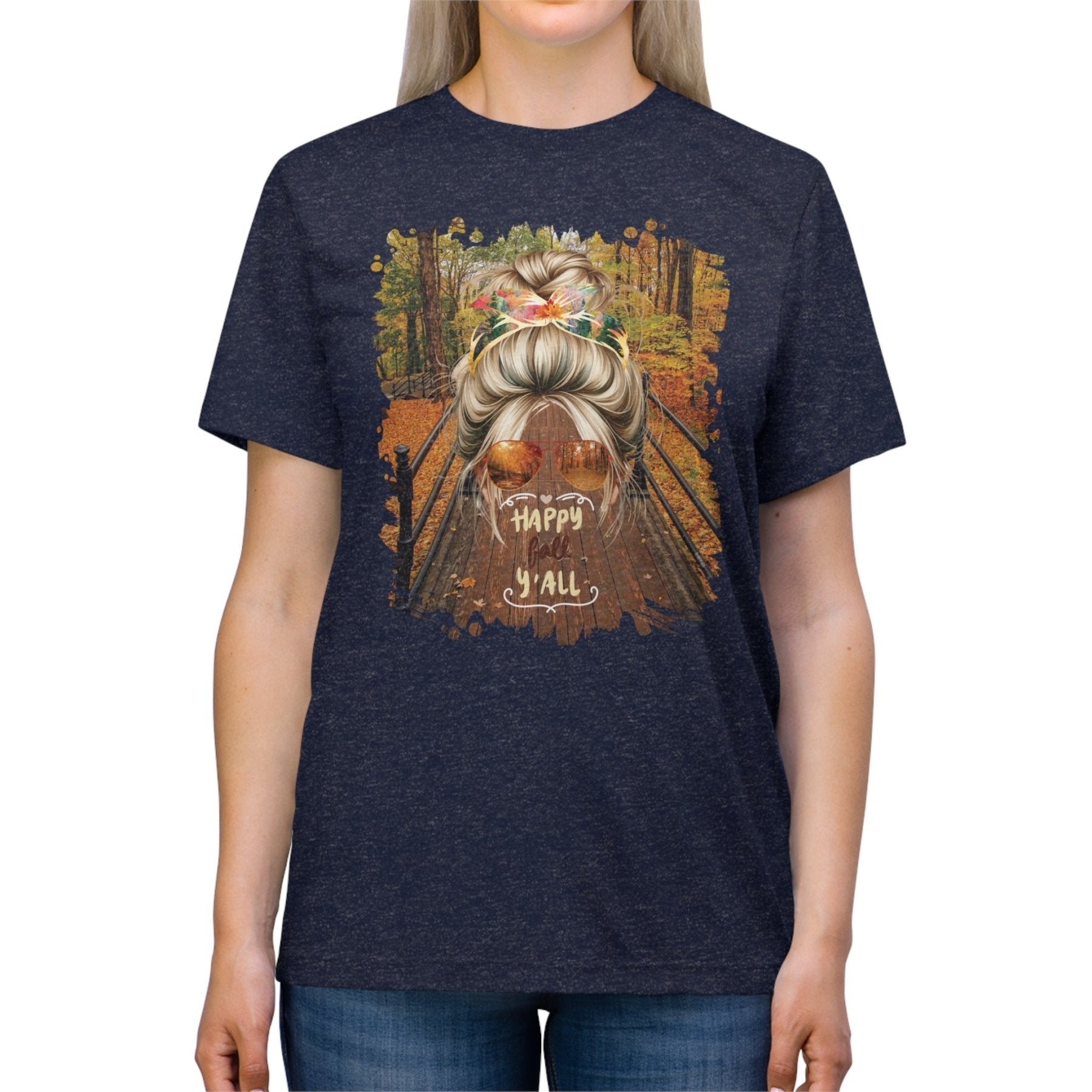 Happy Fall Y'all Fall Hike, Blond Hair Messy Bun, Unisex Triblend T - Shirt - Janlyn's Crafts