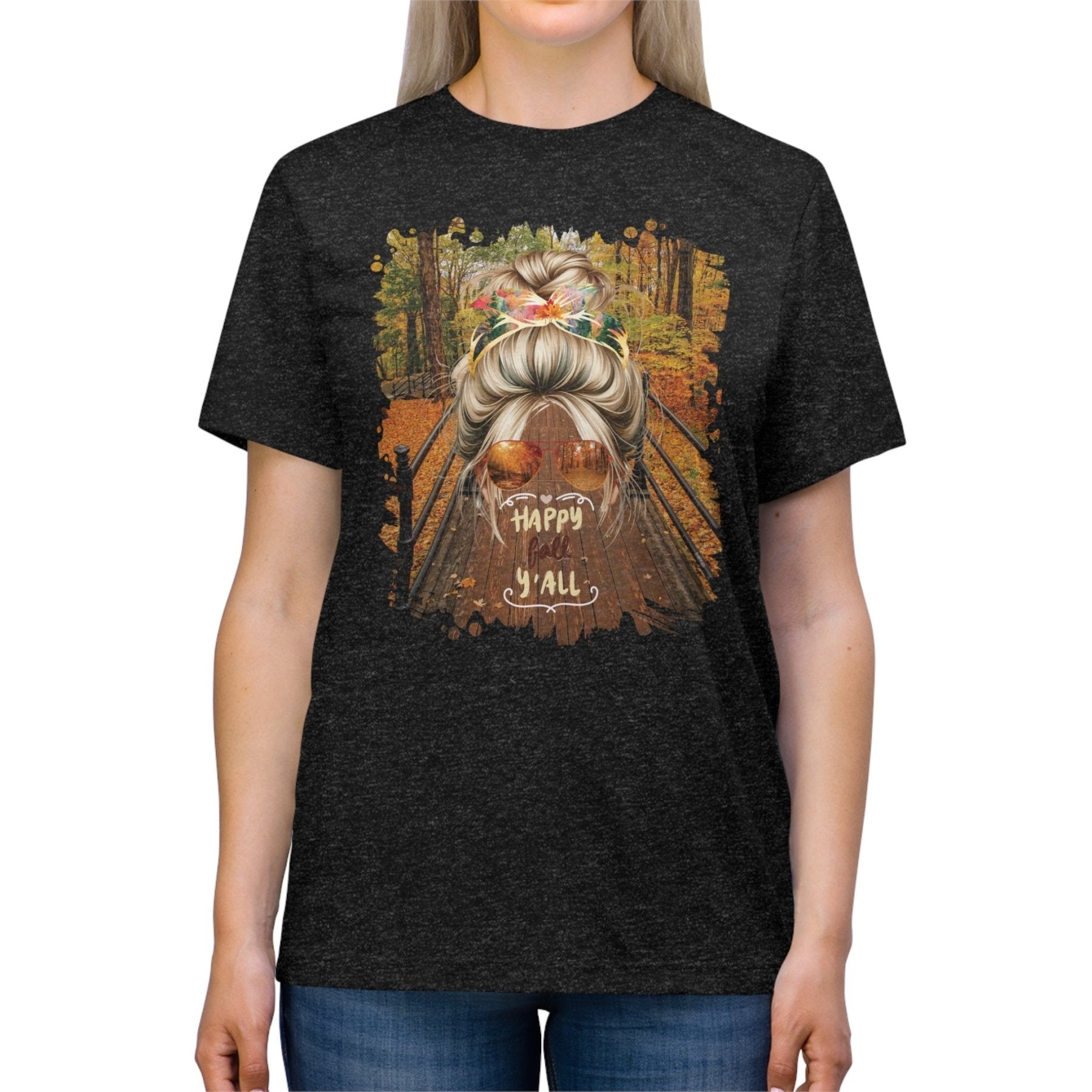 Happy Fall Y'all Fall Hike, Blond Hair Messy Bun, Unisex Triblend T - Shirt - Janlyn's Crafts