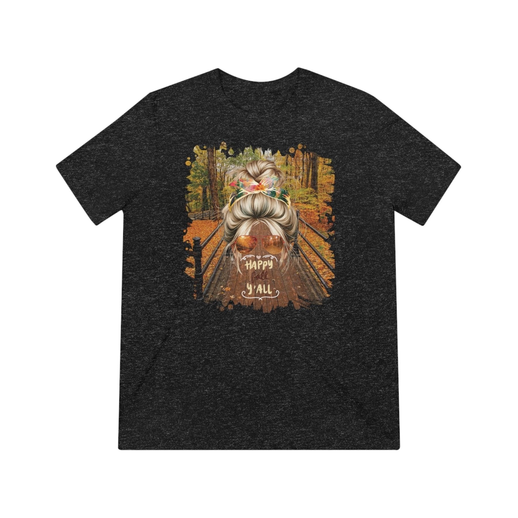 Happy Fall Y'all Fall Hike, Blond Hair Messy Bun, Unisex Triblend T - Shirt - Janlyn's Crafts