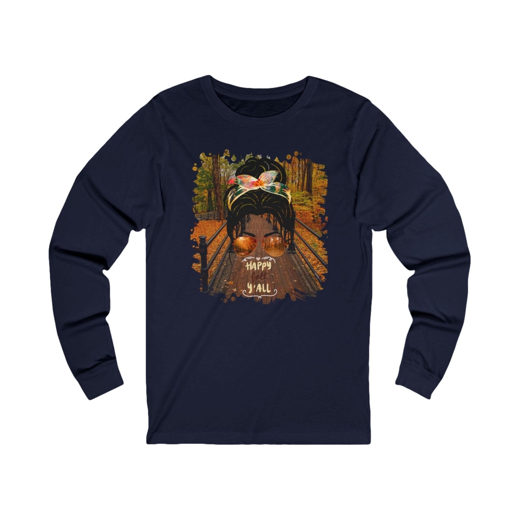 Happy Fall Y'all Fall Hike, Dark Hair Messy Bun, Unisex Jersey Long Sleeve Tee - Janlyn's Crafts