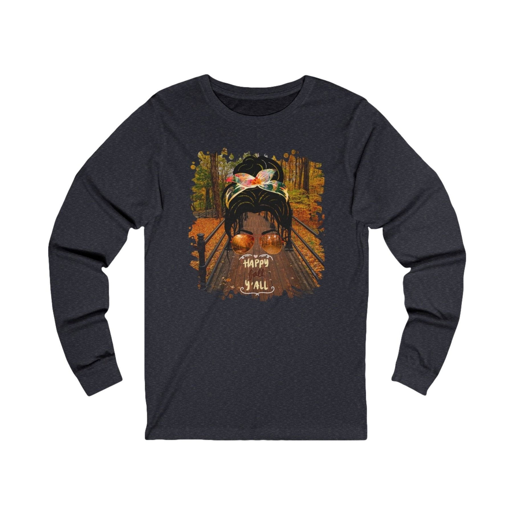 Happy Fall Y'all Fall Hike, Dark Hair Messy Bun, Unisex Jersey Long Sleeve Tee - Janlyn's Crafts