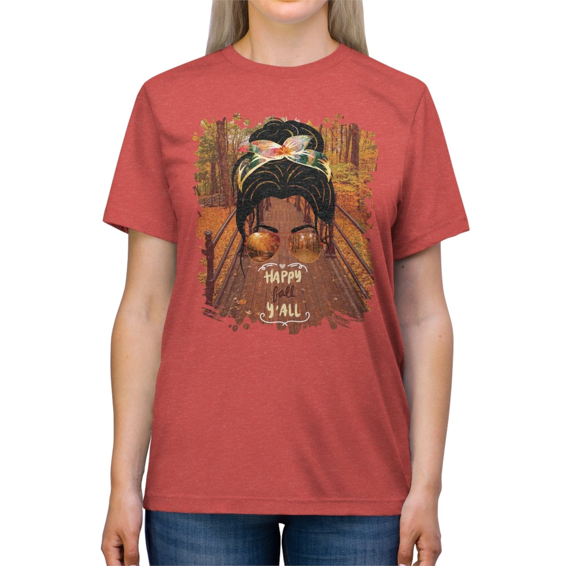 Happy Fall Y'all Fall Hike, Dark Hair Messy Bun, Unisex Triblend T - Shirt - Janlyn's Crafts