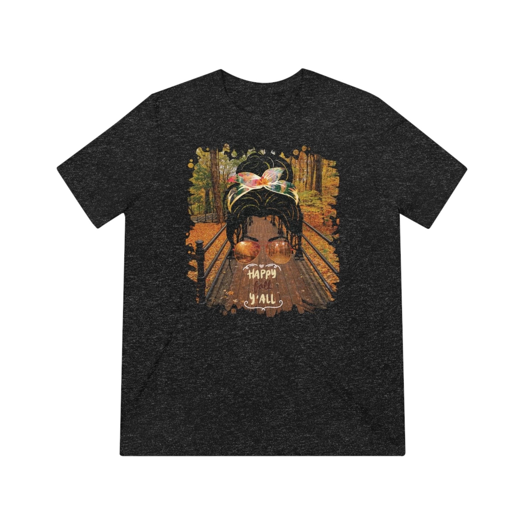 Happy Fall Y'all Fall Hike, Dark Hair Messy Bun, Unisex Triblend T - Shirt - Janlyn's Crafts