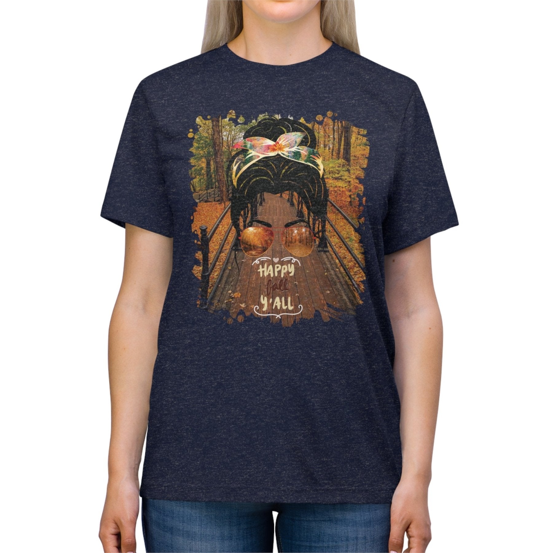 Happy Fall Y'all Fall Hike, Dark Hair Messy Bun, Unisex Triblend T - Shirt - Janlyn's Crafts