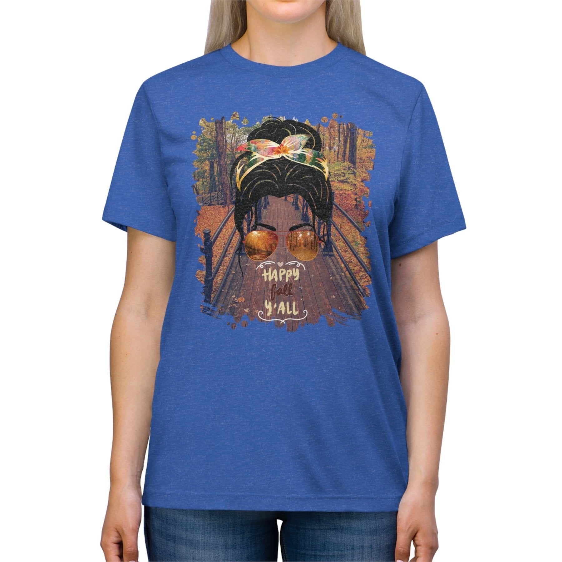 Happy Fall Y'all Fall Hike, Dark Hair Messy Bun, Unisex Triblend T - Shirt - Janlyn's Crafts