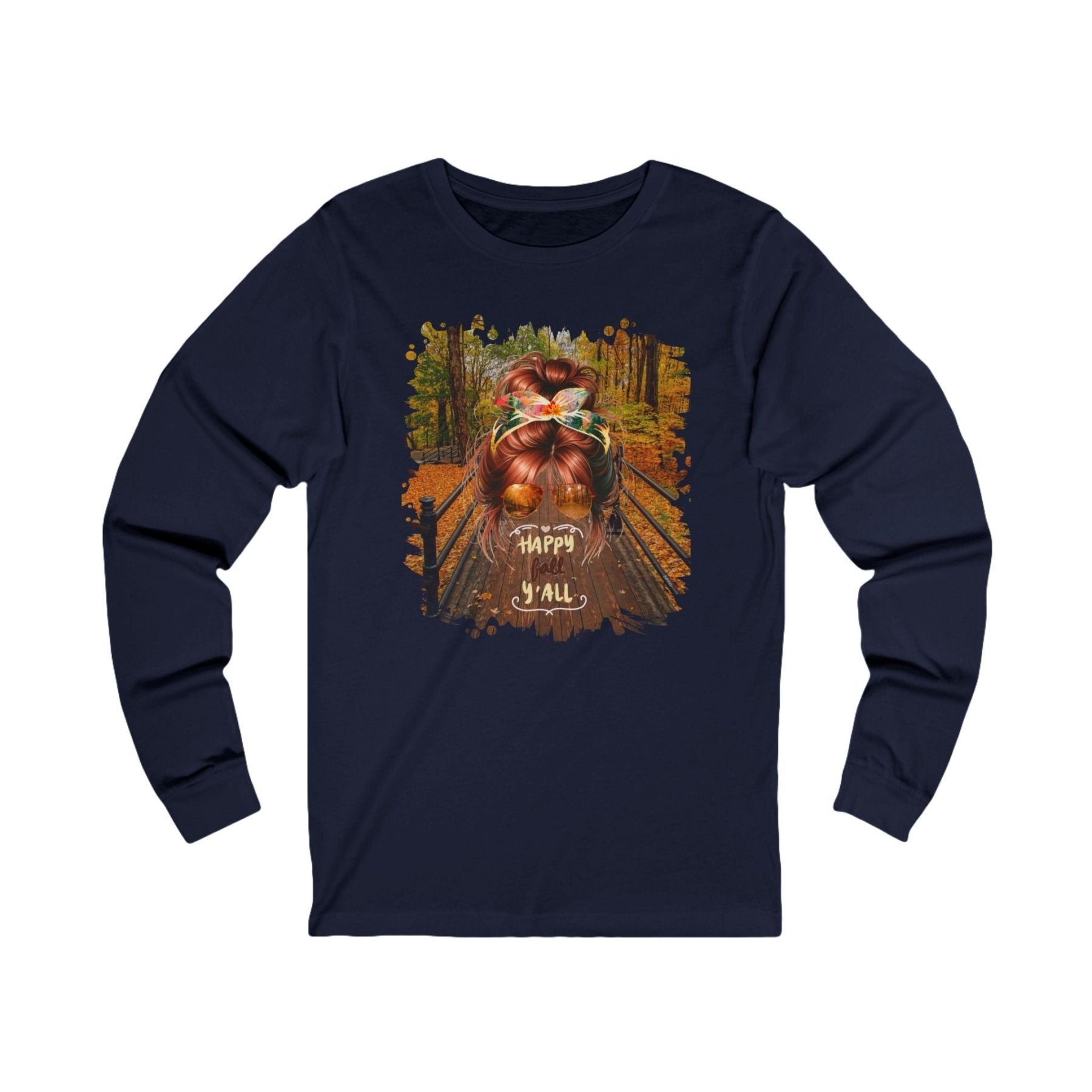 Happy Fall Y'all Fall Hike, Red Hair Messy Bun, Unisex Jersey Long Sleeve Tee - Janlyn's Crafts