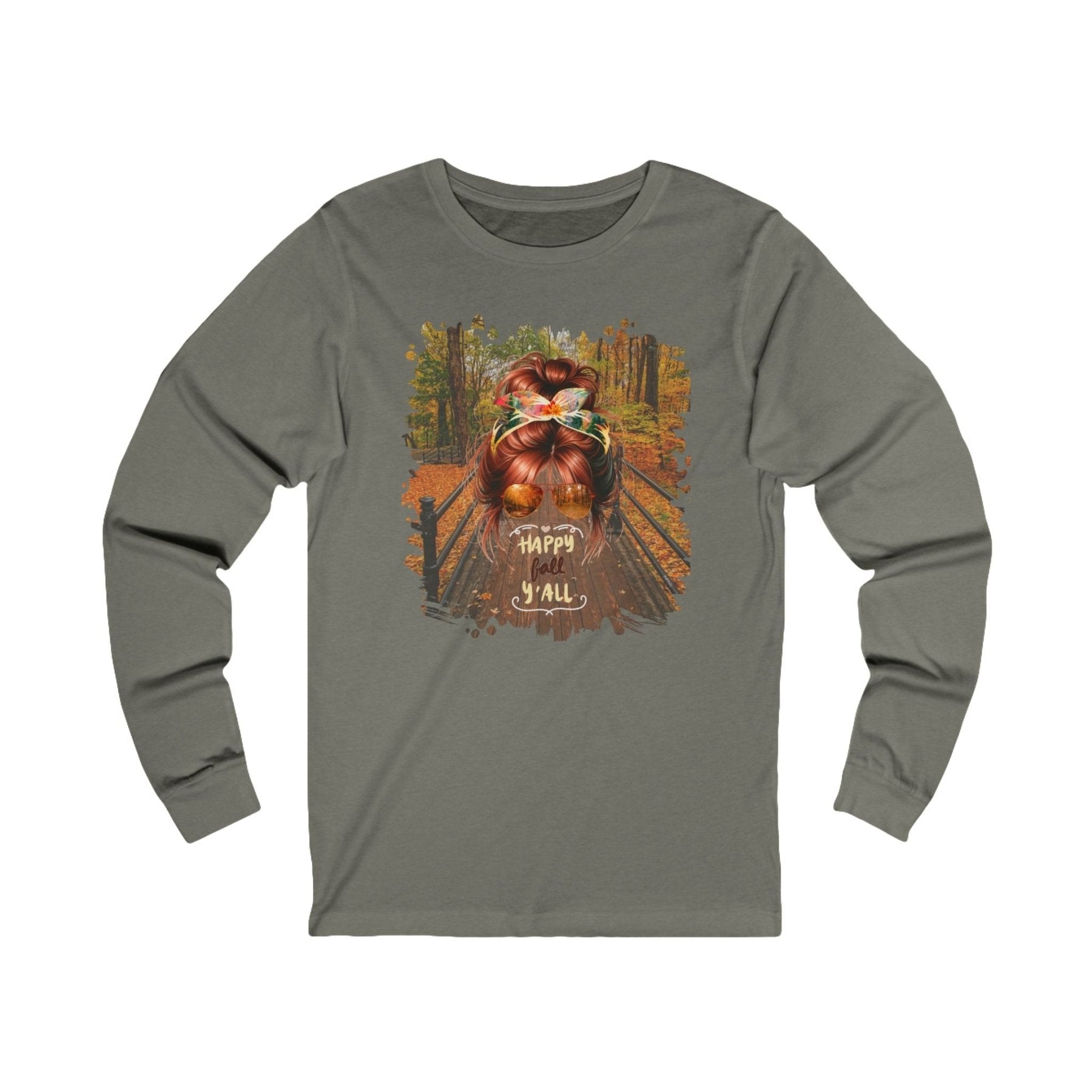 Happy Fall Y'all Fall Hike, Red Hair Messy Bun, Unisex Jersey Long Sleeve Tee - Janlyn's Crafts