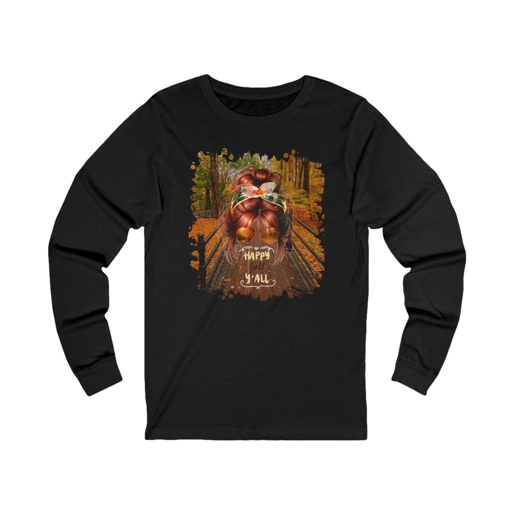 Happy Fall Y'all Fall Hike, Red Hair Messy Bun, Unisex Jersey Long Sleeve Tee - Janlyn's Crafts