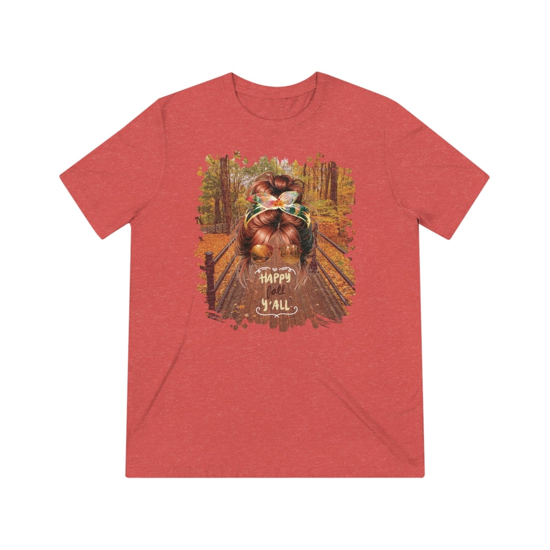 Happy Fall Y'all Fall Hike, Red Hair Messy Bun, Unisex Triblend T - Shirt - Janlyn's Crafts