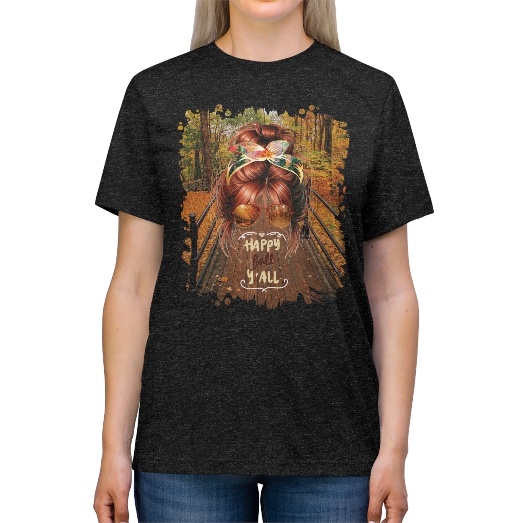 Happy Fall Y'all Fall Hike, Red Hair Messy Bun, Unisex Triblend T - Shirt - Janlyn's Crafts