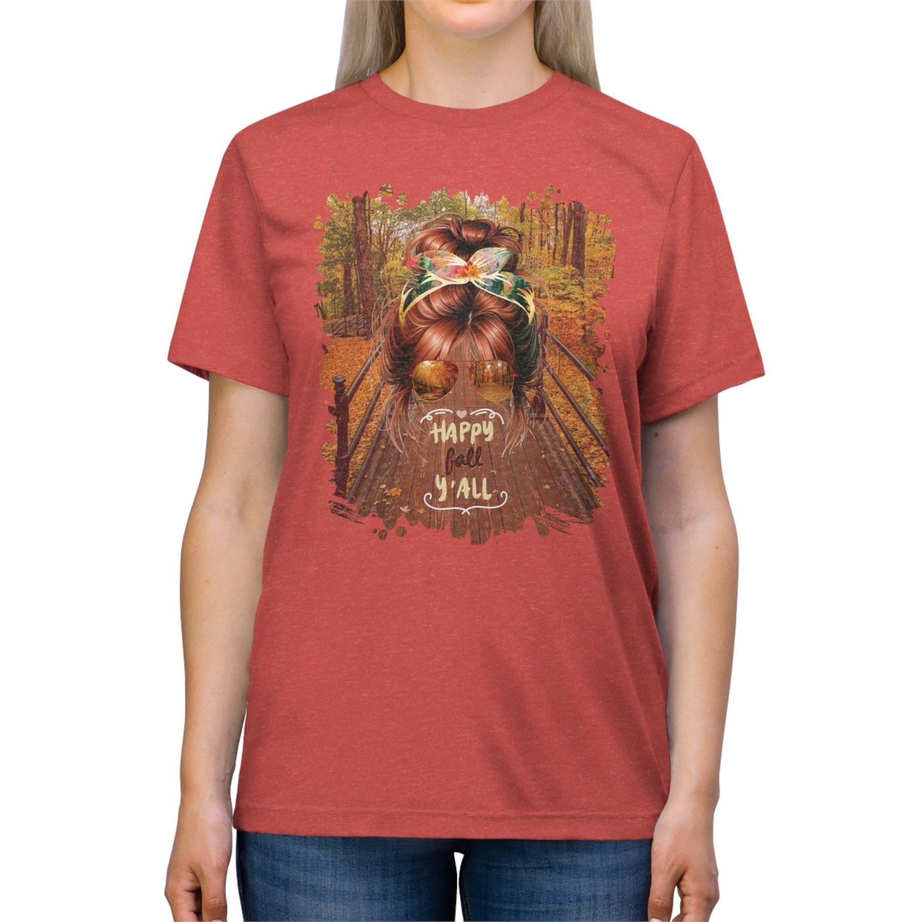 Happy Fall Y'all Fall Hike, Red Hair Messy Bun, Unisex Triblend T - Shirt - Janlyn's Crafts