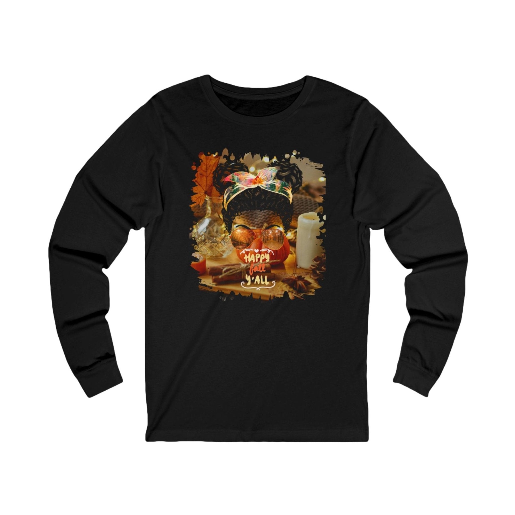 Happy Fall Y'all Fall Home, Black Hair Messy Bun, Unisex Jersey Long Sleeve Tee - Janlyn's Crafts