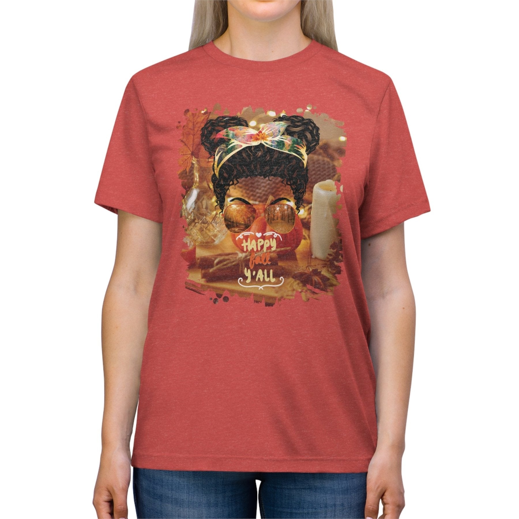 Happy Fall Y'all Fall Home, Black Hair Messy Bun, Unisex Triblend T - Shirt - Janlyn's Crafts