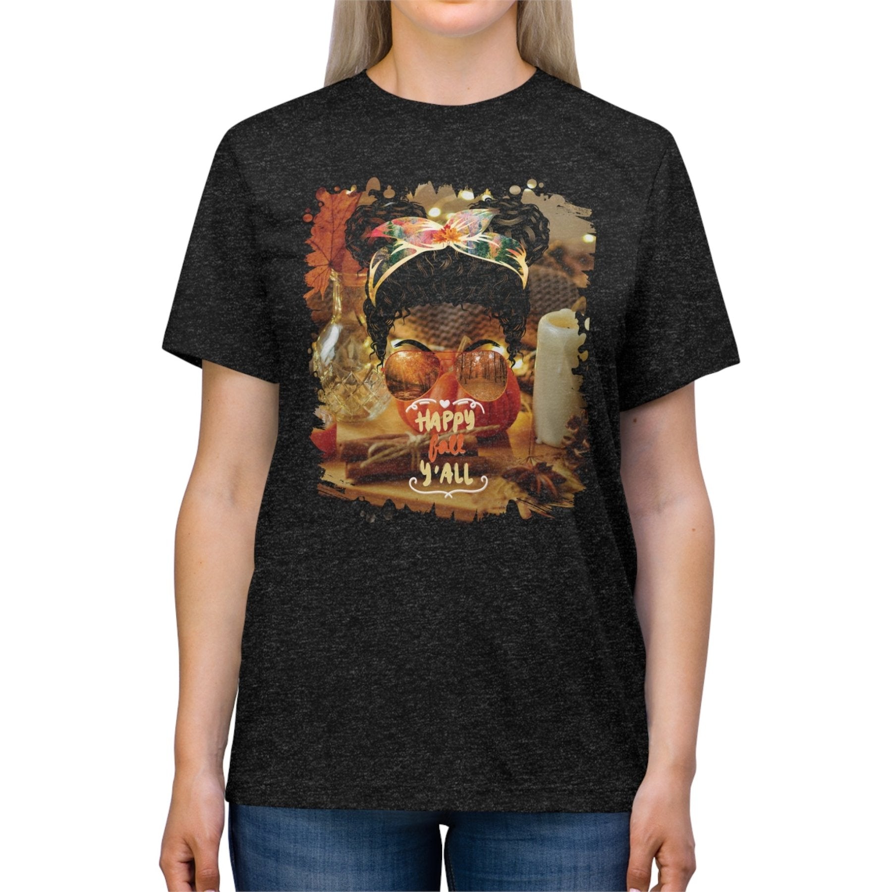 Happy Fall Y'all Fall Home, Black Hair Messy Bun, Unisex Triblend T - Shirt - Janlyn's Crafts