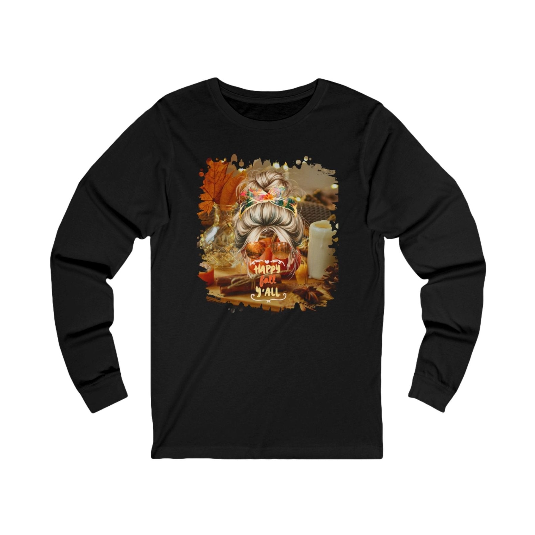 Happy Fall Y'all Fall Home, Blond Hair Messy Bun, Unisex Jersey Long Sleeve Tee - Janlyn's Crafts