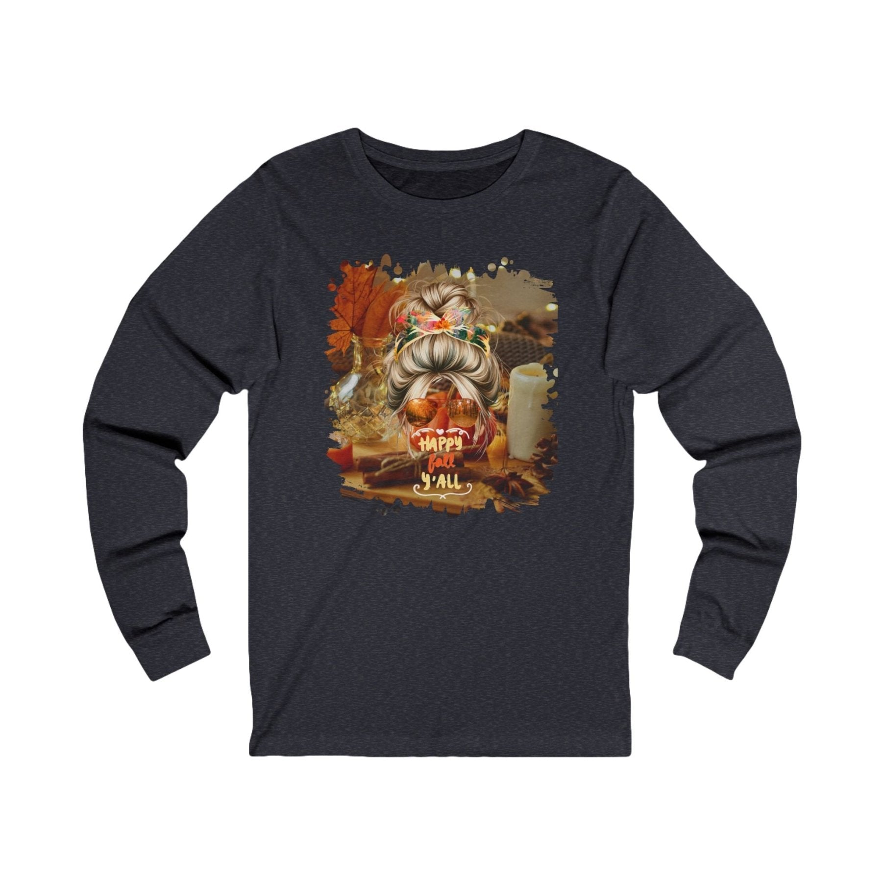 Happy Fall Y'all Fall Home, Blond Hair Messy Bun, Unisex Jersey Long Sleeve Tee - Janlyn's Crafts