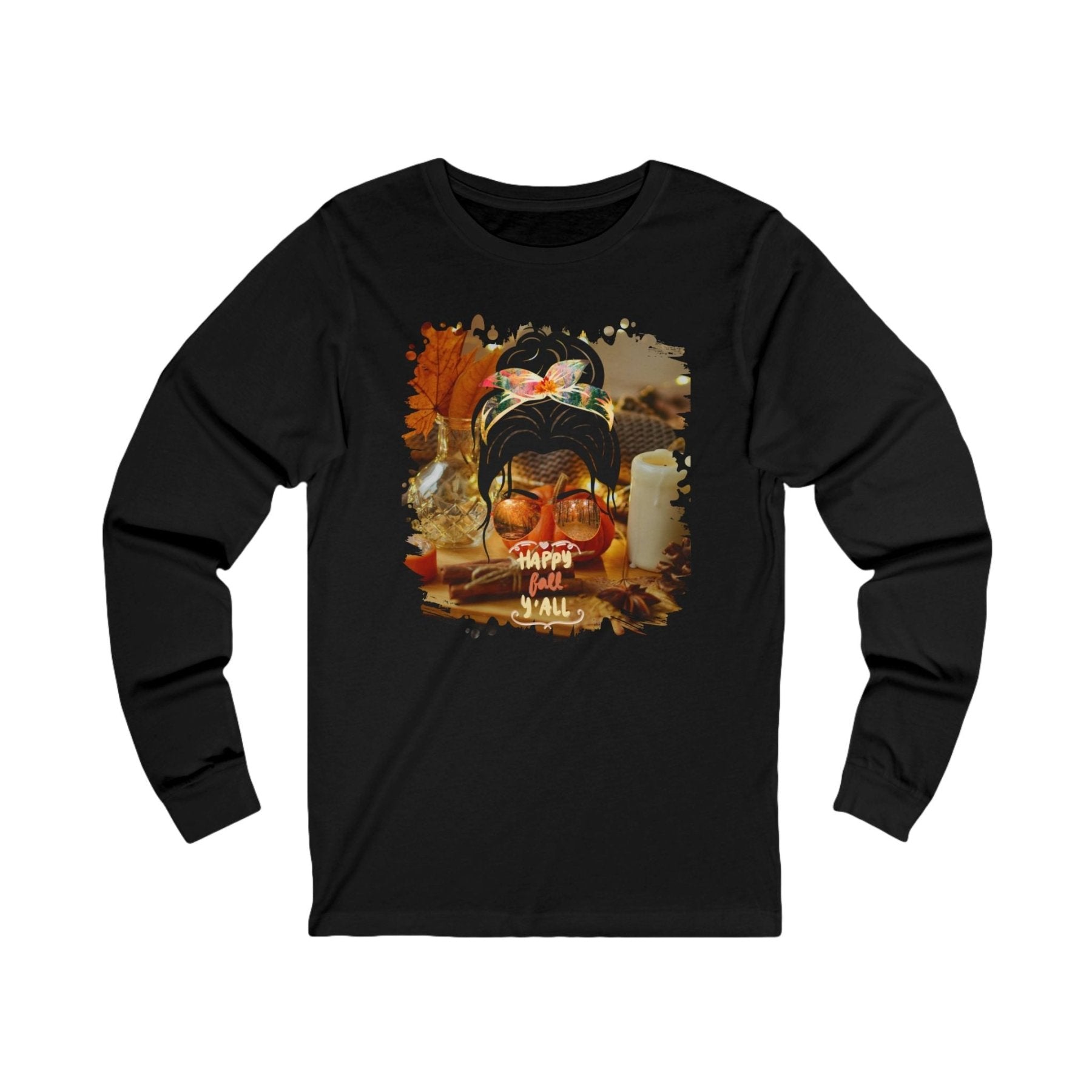 Happy Fall Y'all Fall Home, Dark Hair Messy Bun, Unisex Jersey Long Sleeve Tee - Janlyn's Crafts