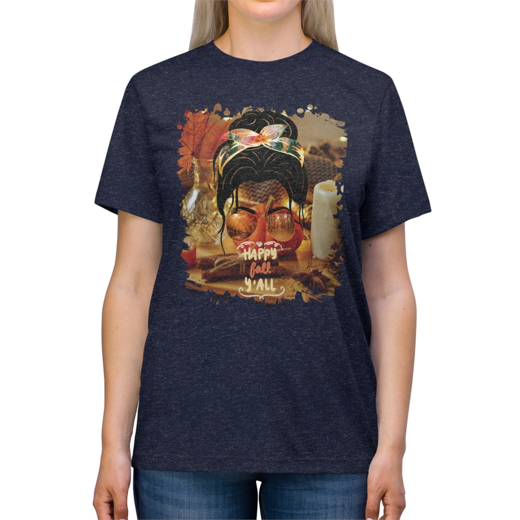 Happy Fall Y'all Fall Home, Dark Hair Messy Bun, Unisex Triblend T - Shirt - Janlyn's Crafts