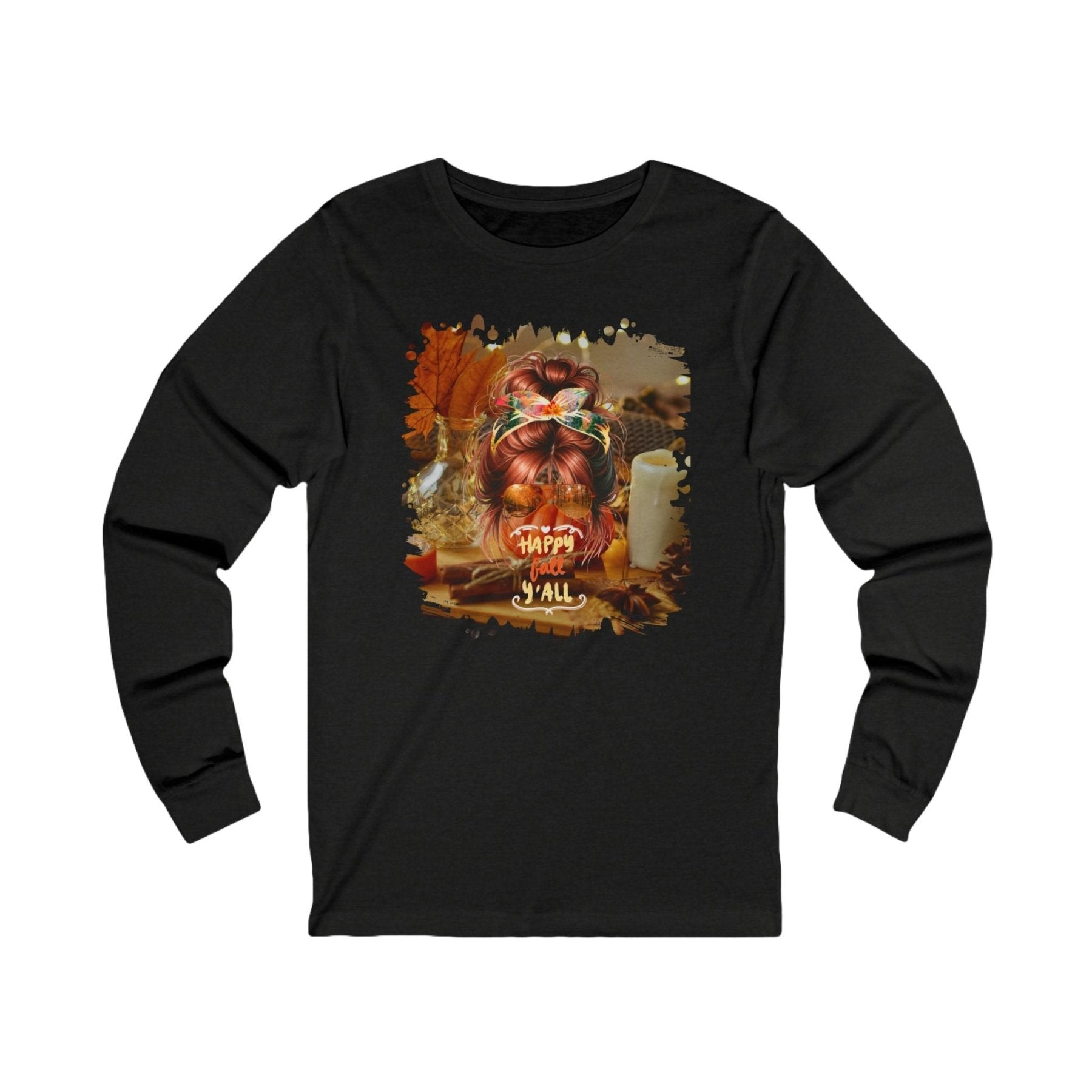 Happy Fall Y'all Fall Home, Red Hair Messy Bun, Unisex Jersey Long Sleeve Tee - Janlyn's Crafts